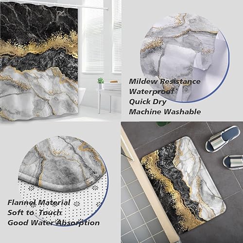Miniatura 3 de Juego de baño de mármol negro y dorado con cortina de ducha y alfombras y accesorios, alfombras de baño de arte abstracto, tapetes absorbentes de