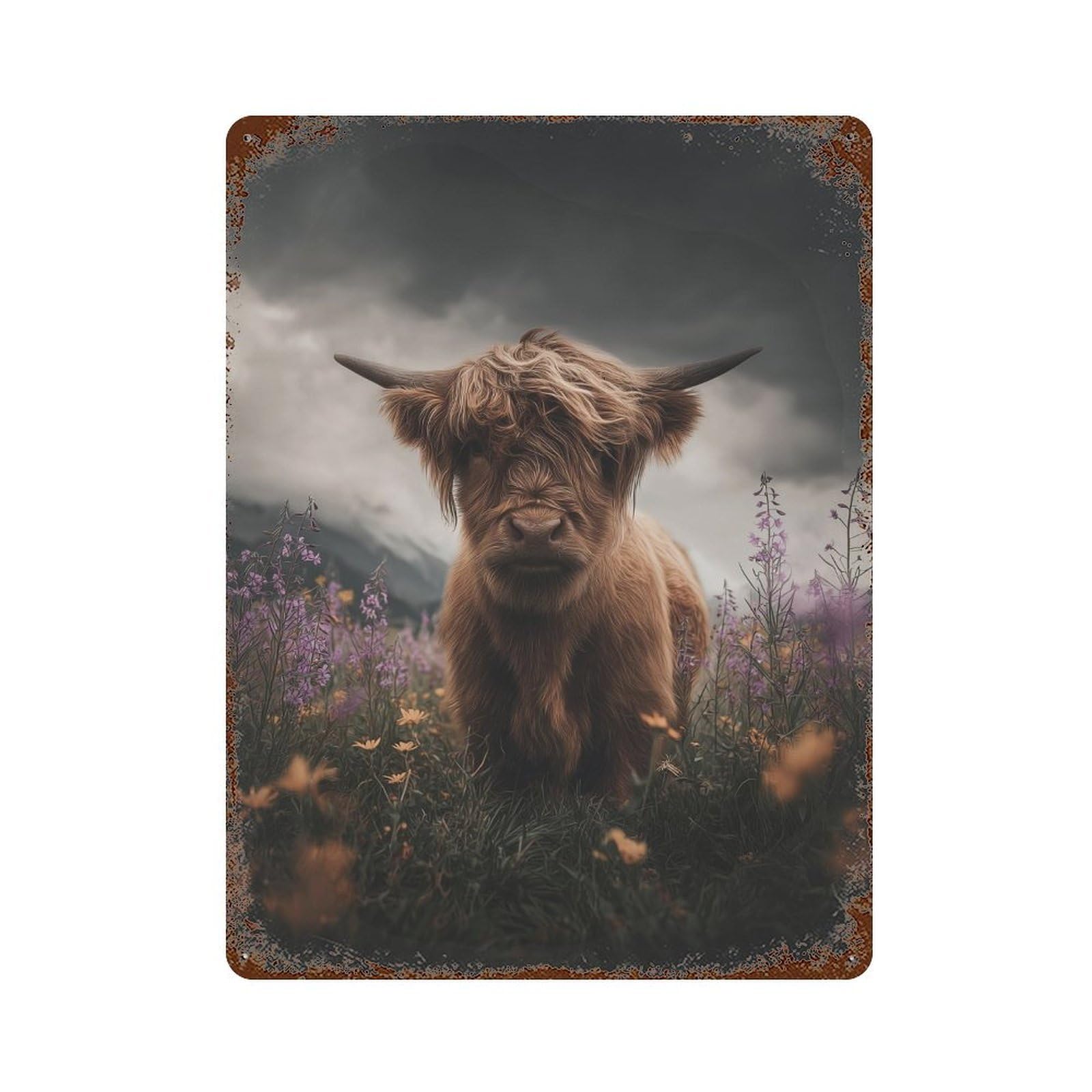 Rust Effect Highland Cow in Flowers-1 Distressed Metal Wall Sign 15.7"x11.8", Shabby Chic Decor for Pub, Kitchen And Man Cave Decor