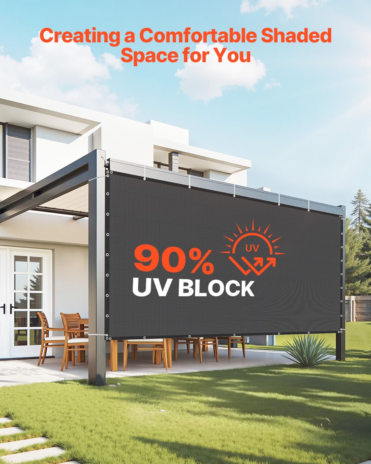 VEVOR 90% Sonnenschutztuch Sichtschutz Schattenabdeckung (244 x 366 cm) für Pergola mit Edelstahlösen, Sonnensegeltuch mit 140 g/m² HDPE-Material, für Outdoor Terrasse Garten Hinterhof (Schwarz)