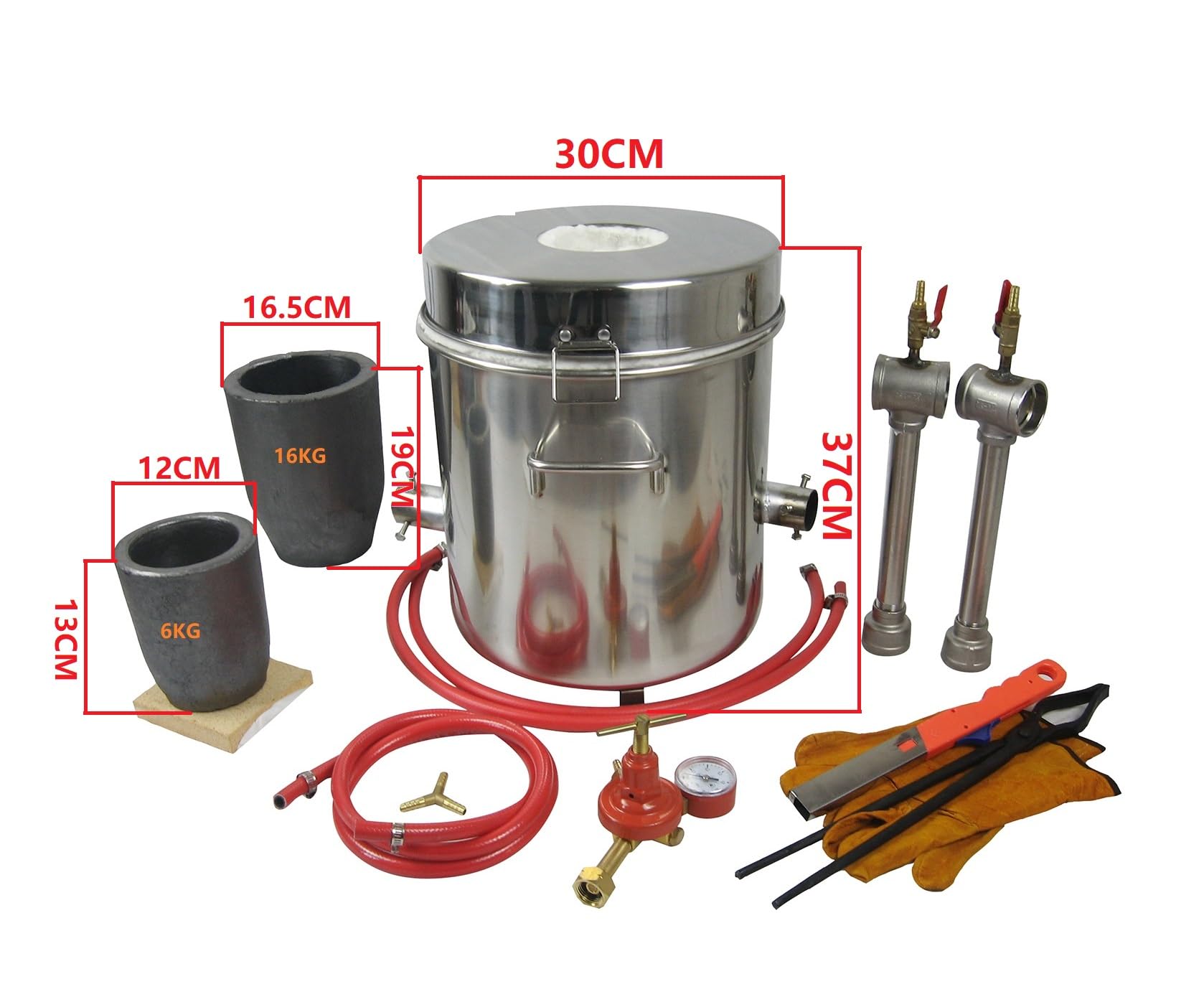 Set di forno a fusione a gas propano con doppi bruciatori 16 kg, fino a 1425 °C, 2 crogioli in grafite (16 kg e 6 kg), per fusione di metallo, rame, ottone, alluminio, con forma a lingotto, pinze e