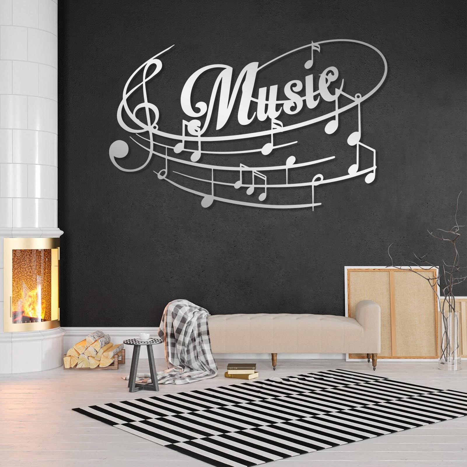 Decoración de Pared de Metal con Notas Musicales de Lujo, partituras con Pentagrama y Grabado Musical, decoración para Sala de Estar/Oficina (Plateado, 105 x 65 cm)