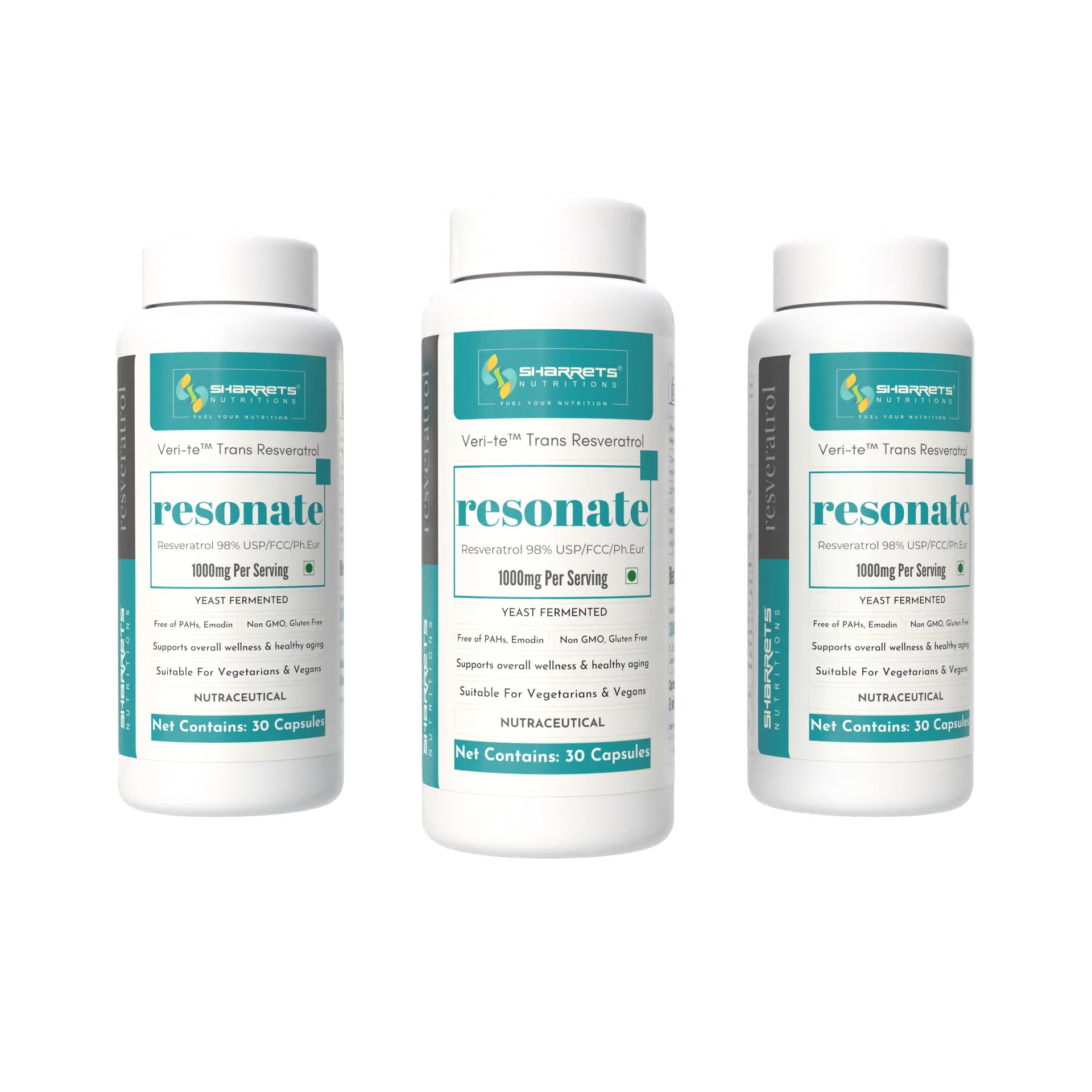 Sharrets Resonate -Trans Resveratrol Supplement 1000mg / Serving, 3 x 30 Vegan Friendly Capsules, Produce in Switzerland