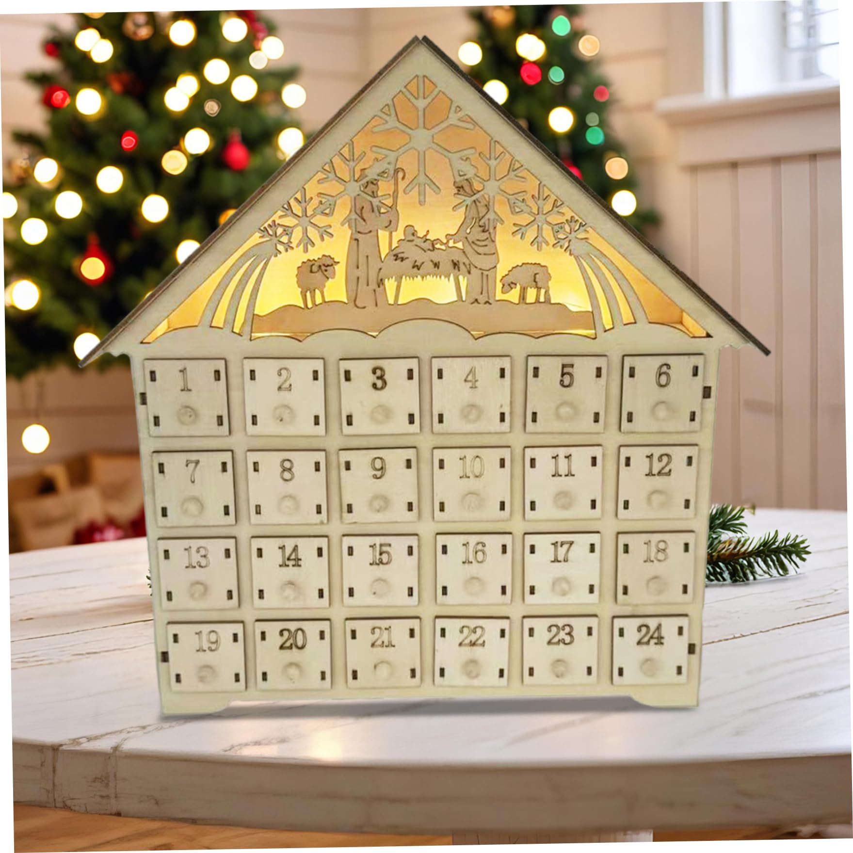 Calendario dell'Avvento in legno con cassetti e LED Conto alla rovescia di 24 giorni per il calendario dell'Avvento di Natale 2025 Funziona a batteria per adulti Decorazione della casa per bambini