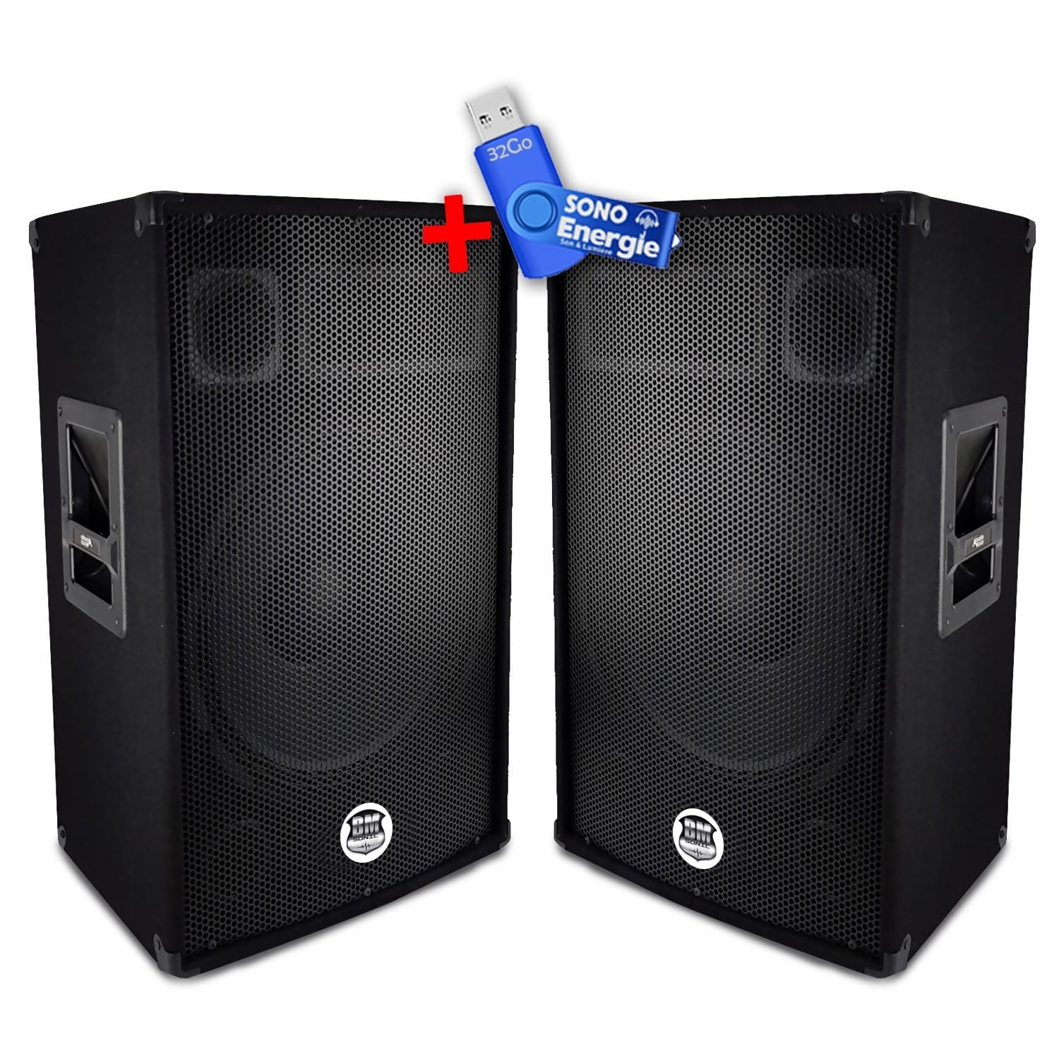 Paire d'enceintes Sono Bass Reflex Trapézoïdal à 3 Voies 15"/38cm - 2 x 700W - BM Bmsonic BMS-15+Clé 32G