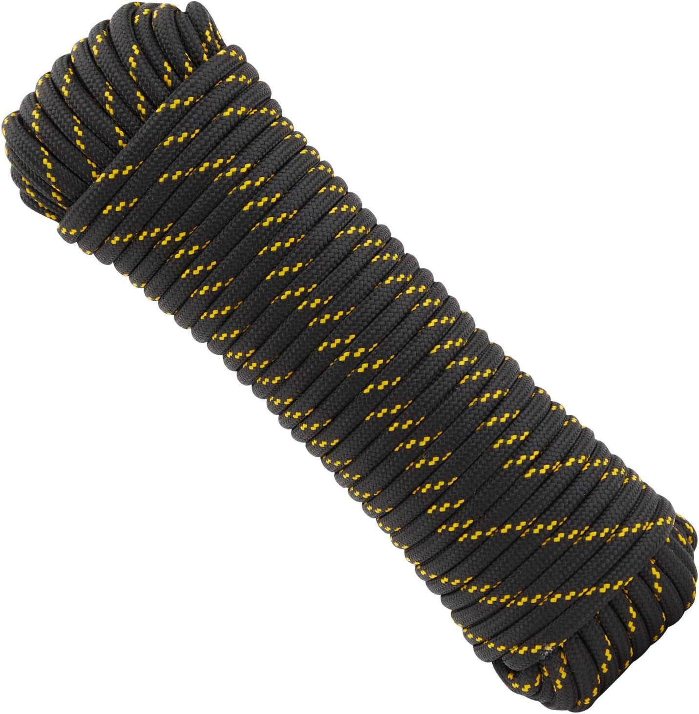 Diamond Braided Rope - 3/8 in x 100 ft, Black & Yellow Polyester - Low Stretch & High Shock Absorbency for Boat Rope, Trailer Tie Down, Emergency Shelter & Outdoor Gear