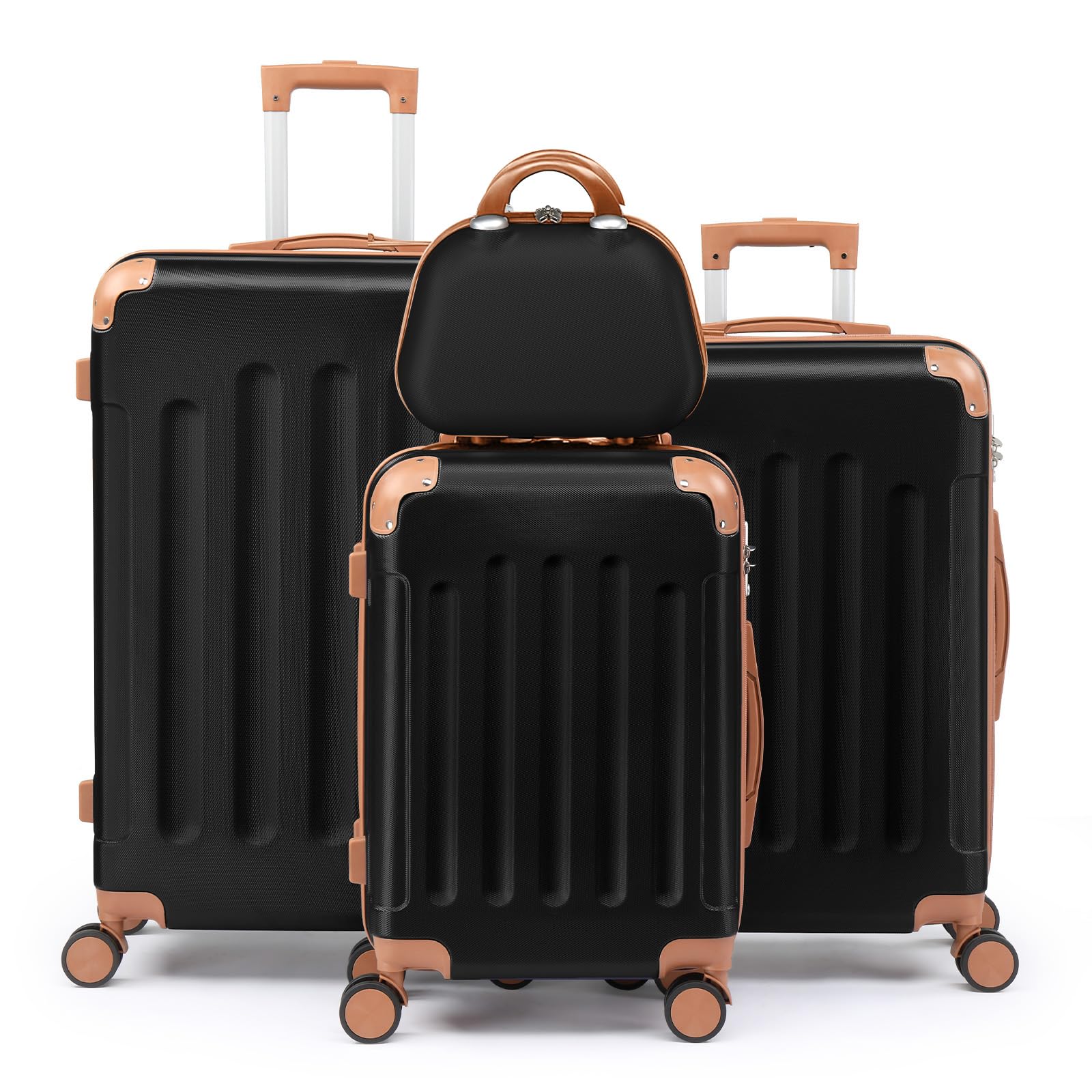 LEADZM Set di Valigie Rigide 4 Pezzi con Beauty Case, Set Valigie con Rinforzi Angolari, Luggage Suitcase Grande 23 kg in ABS (Nero-Marrone)