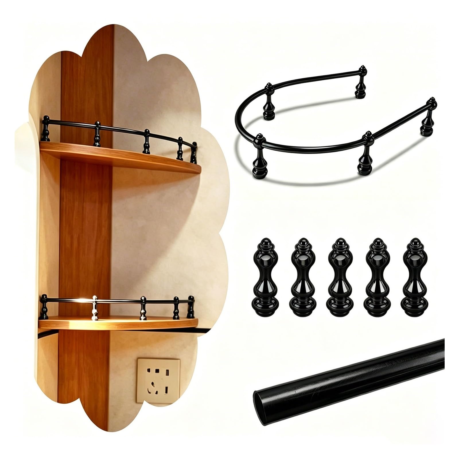 Anti-Fall Bendable Shelf Railing, Aluminum Alloy Guard Rail for Kitchen, Cabinet, Wine Storage Flexible Display Shelf Fence Bar, Customizable(Black,38cm/15in)