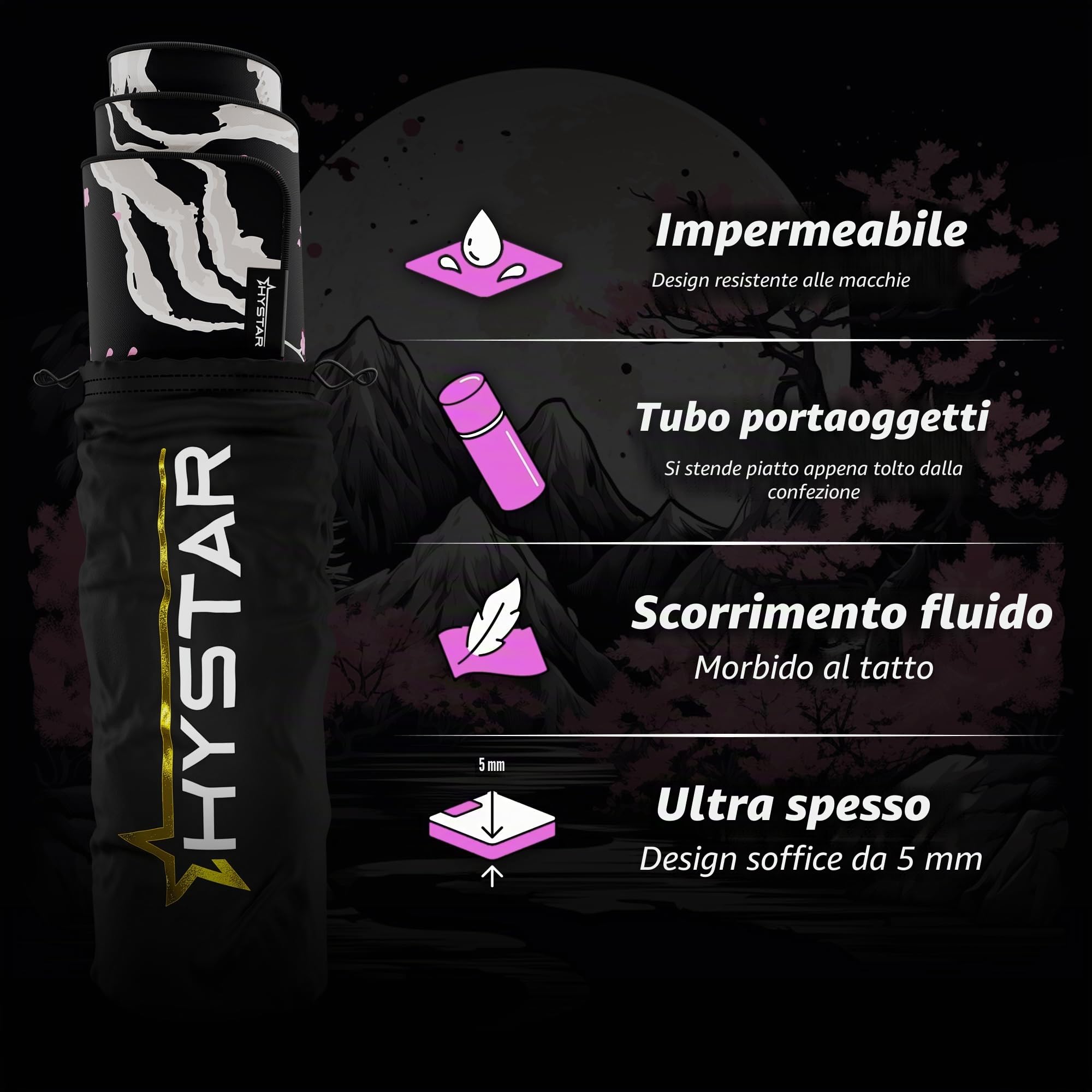 Hystar Tappetino per mouse da gioco esteso | XXL 91,4 x 40,6 cm | Spessore 5 mm, superficie impermeabile, tessuto in poliestere liscio e base in gomma naturale | Sakura Dark