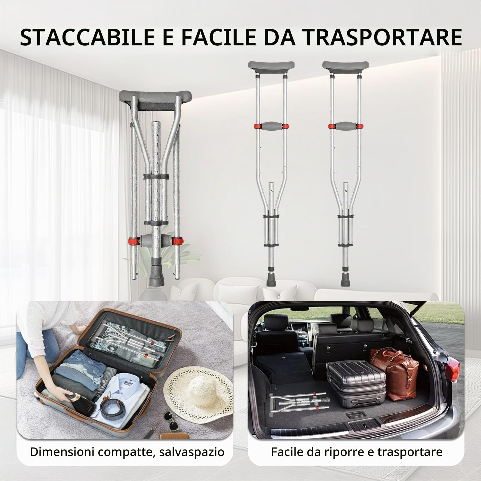 Stampelle Ascellari, Ortopediche Regolabili, Supporti per Avambraccio, Portata 150 KG, Stampelle in Alluminio Pieghevole con Poggia Avambraccio e Poggia Mano Morbidi, 1 Paio