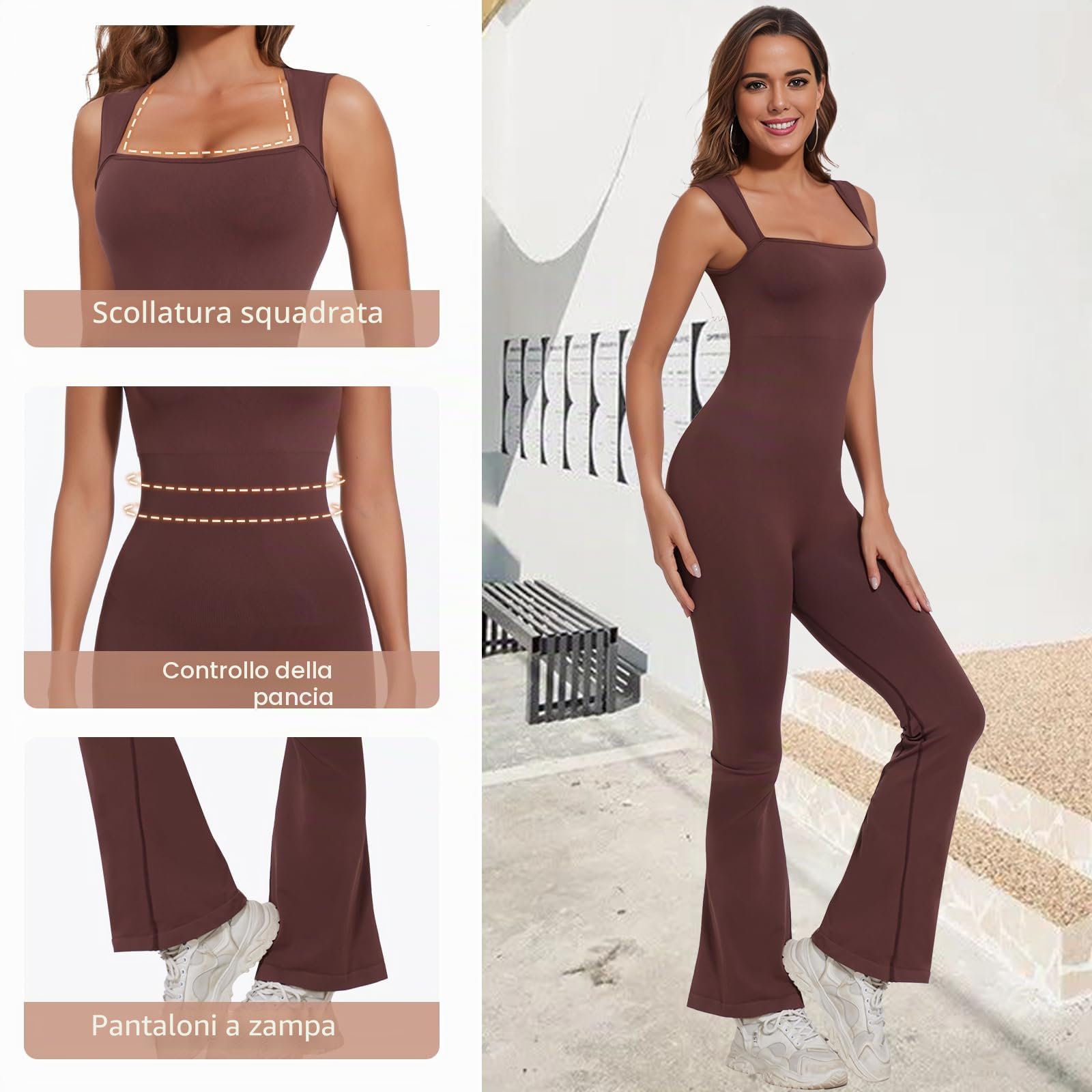 SHAPERIN Donna Tutina Intera Senza Maniche/Manica Lunga Tuta Canotta Modellante con Scollo Quadrato Shapewear Jumpsuit Tutina Sportivo Rompers Un Pezzo Tutina Aderente