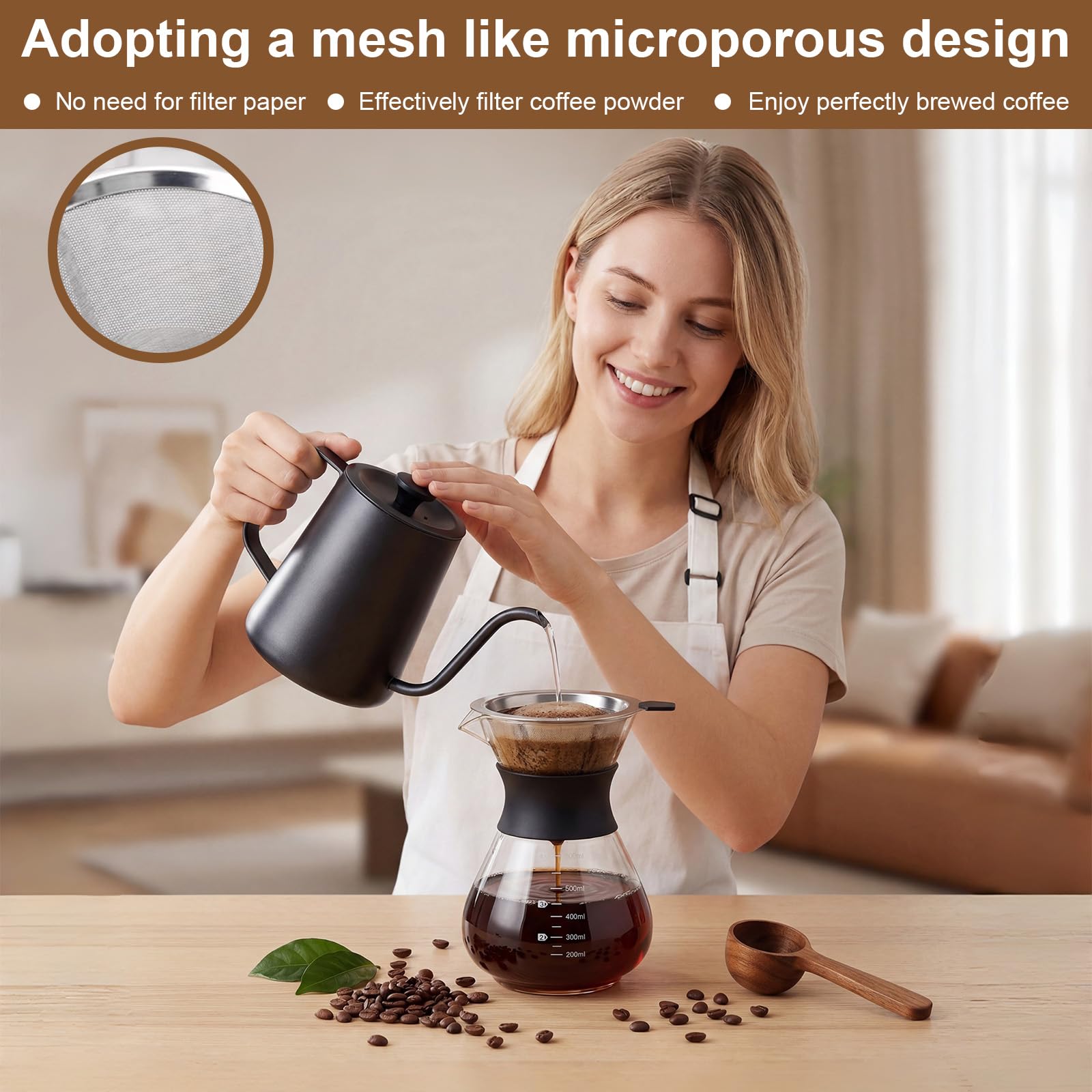 Caffettiera in Vetro 600ml, Macchina da Caffè Americana a Goccia Manuale, Pour Over Coffee Maker con Filtro Permanente in Acciaio Inossidabile Riutilizzabile, per Caffè Casa Ufficio