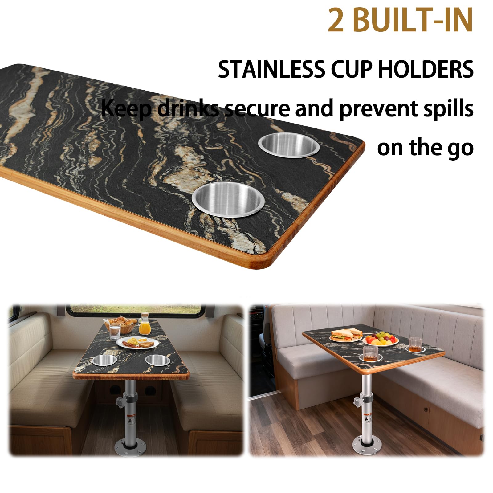 Tavolo regolabile per camper con piano e 2 portabicchieri, versatile tavolo Dinette per camper, con piedistallo girevole, salvaspazio, per camper, rimorchio, barca, marina, 80 x 40 cm