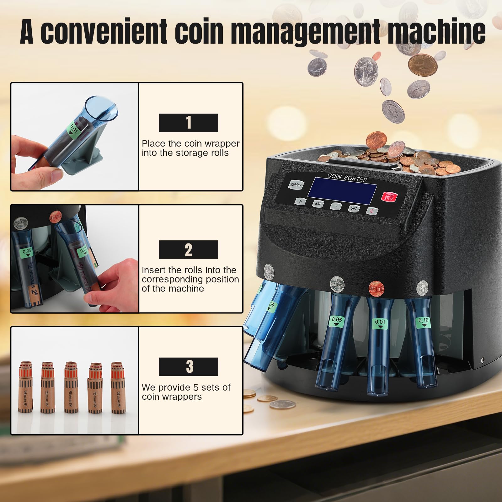 Münzzähler, 270 Münzen/Min, USD-Münzsortierer und -verpackungsmaschine, Kapazität 300 Münzen mit LCD-Display, automatischer Wechselzähler für 1¢ 5¢ 10¢ 25¢ $1, inklusive 5 Münzbehältern, 5 Röhren und