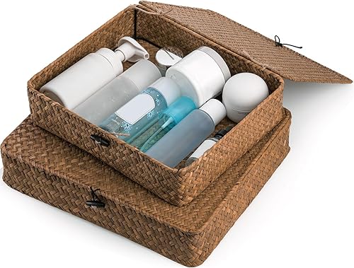 Miniatura 6 de Elsjoy Paquete de 2 cestas de hierba marina con tapa, cestas de almacenamiento de mimbre planas de ratán, cestas organizadoras tejidas para