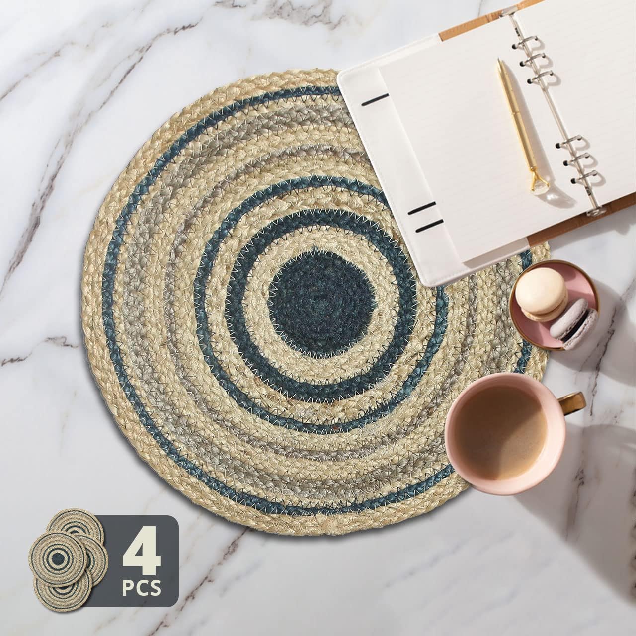 Revive Natural Jute Wicker Placemats, Braided Organic Handmade 14-inch Round Table Mats, Set of 4 (Blue)