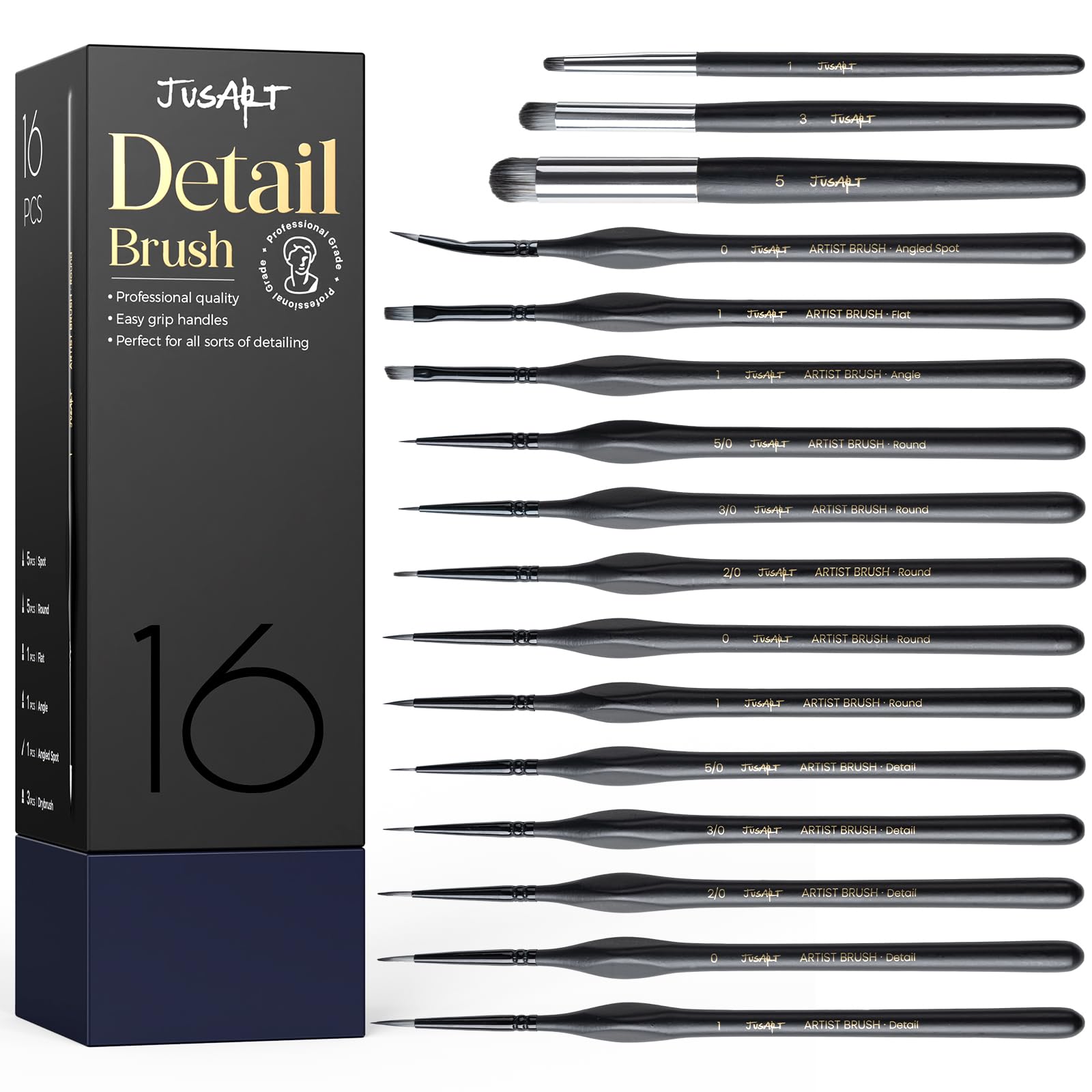 JusArt 16-Piece Detail Paint Brush Set, Miniature Paint Brushes for Models, Acrylic Oil Watercolor, Professional Fine Detail Brushes for Adults & Miniature Painters