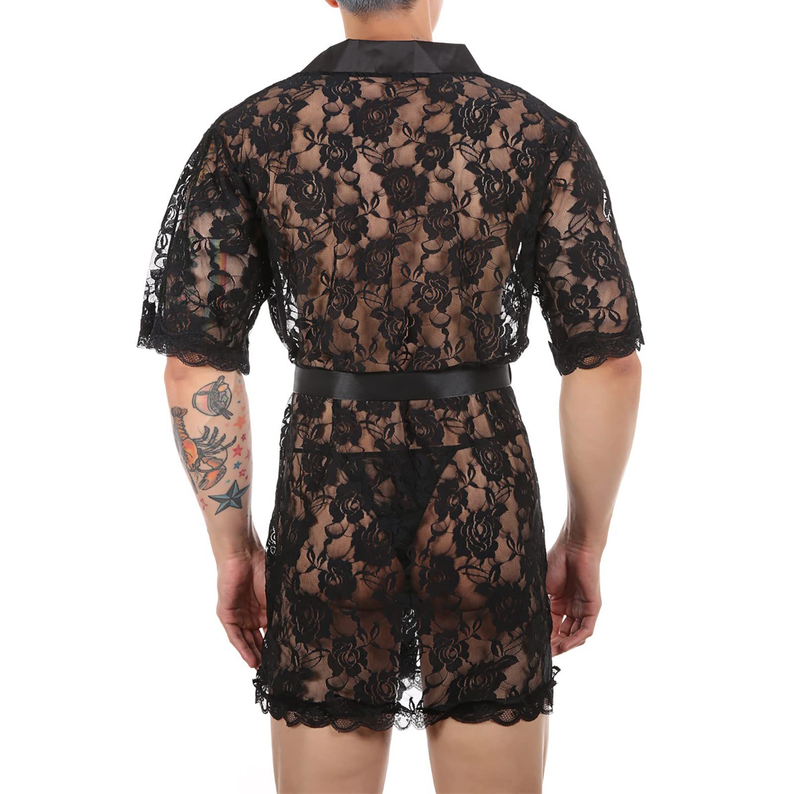Generisch Ensemble de chemises en dentelle pour homme - Chemisier en maille transparente - T-shirt long - Thongs Sissy Lingerie - Chemise d'été à manches courtes - Chemise de loisirs boutonnée