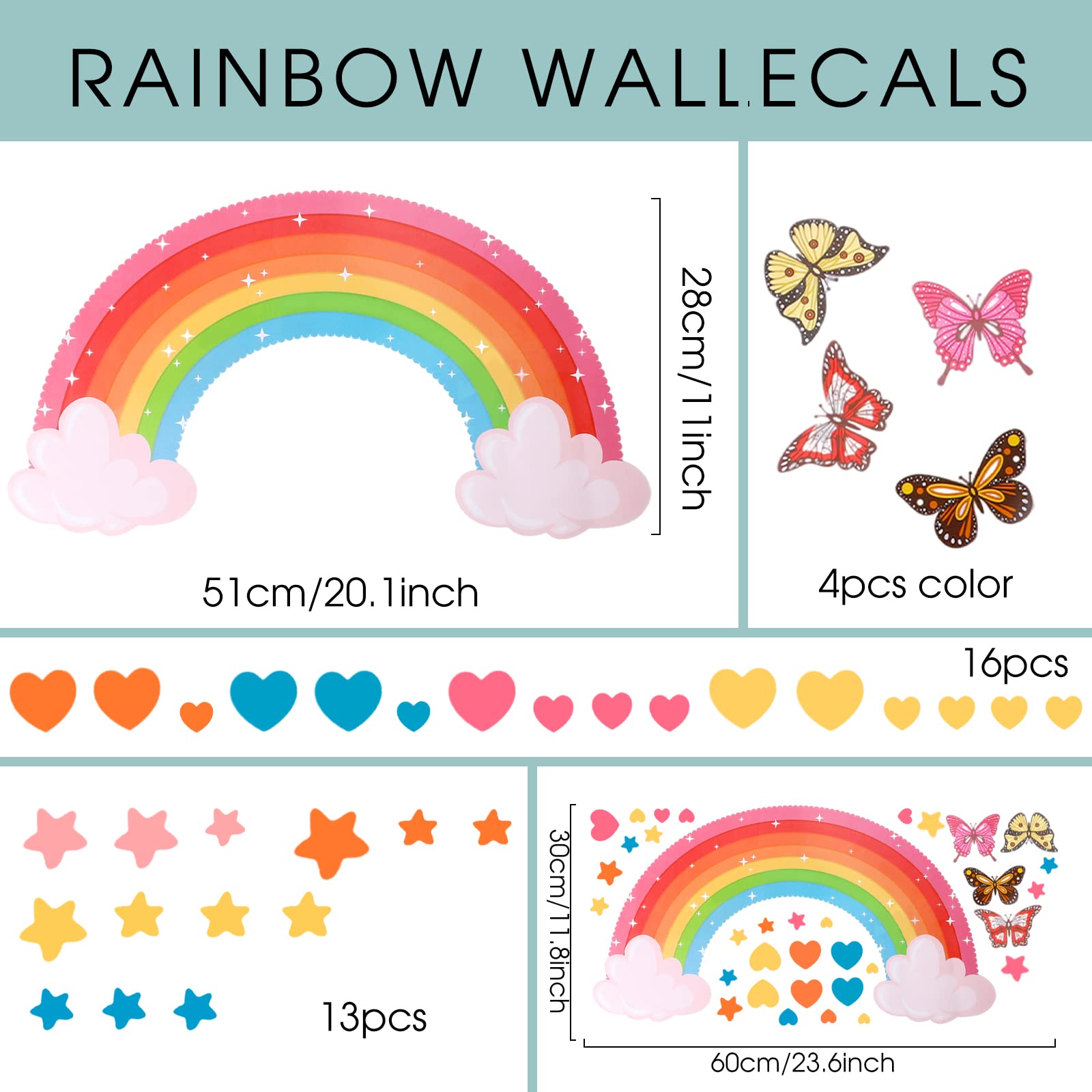 1 Set Large Rainbow Wall Stickers with Butterflies Stars Hearts Rainbow Wallpaper Colorful Star Clouds Decals for Kids Removable Baby Nursery Girls Bedroom Art Decoration - Image 2