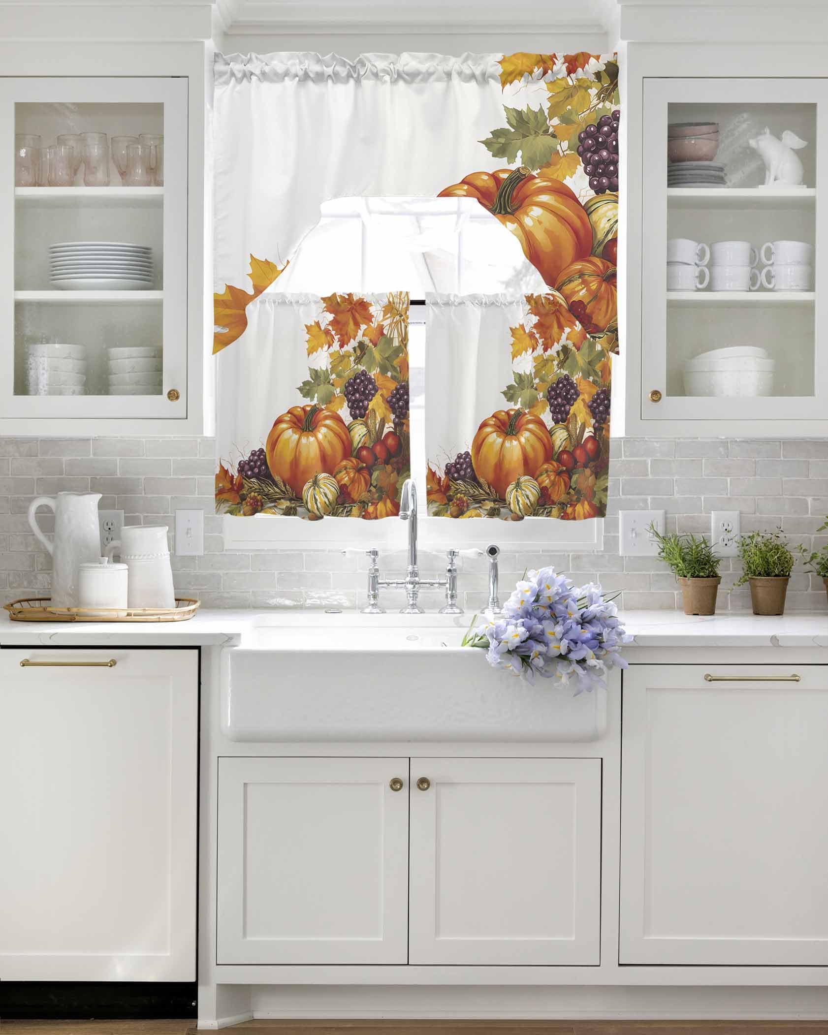 XTMYI Cortinas Cortas De Color Naranja Quemado Para Ventana De Baño, Cocina, Decoración De Calabaza, Patrón De Hojas Blancas, Cortina Floral De Otoño Para Dormitorio, Comedor, Decoración De Ventanas