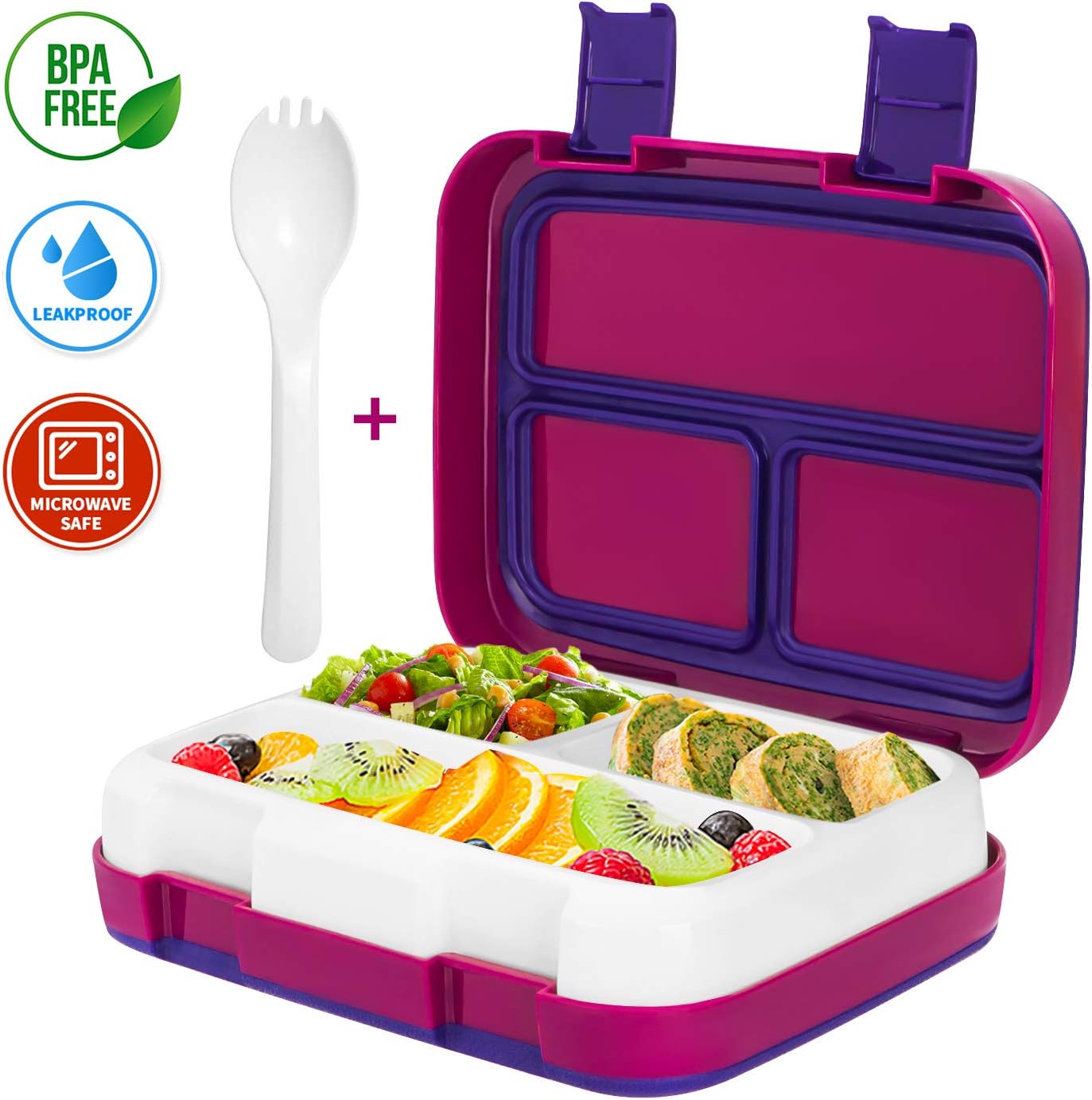 Lunch Bento Box for Kids, Leak-proof 3 Compartments Lunch Container, Removable Large Containing Space Tray Food Box, Microwave & Dishwasher Safe, BPA-Free, Great for School, Travel, Picnics, Buckle