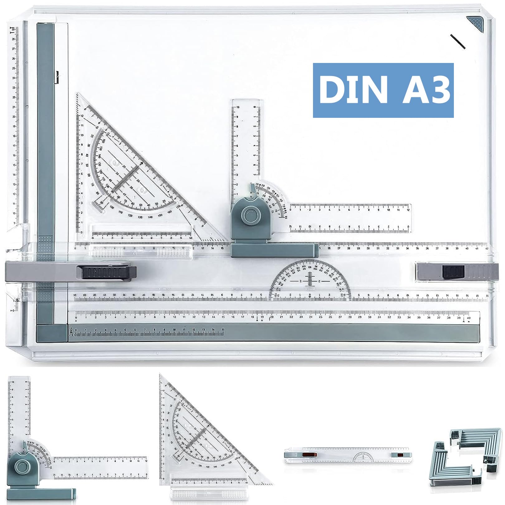 Tablero de Dibujo A3 Multifuncional, Geo-Board Drawing Board, Regla de Dibujo con Movimiento Paralelo y ángulo de Medición Ajustable para Estudiantes, Ingenieros, Arquitectos