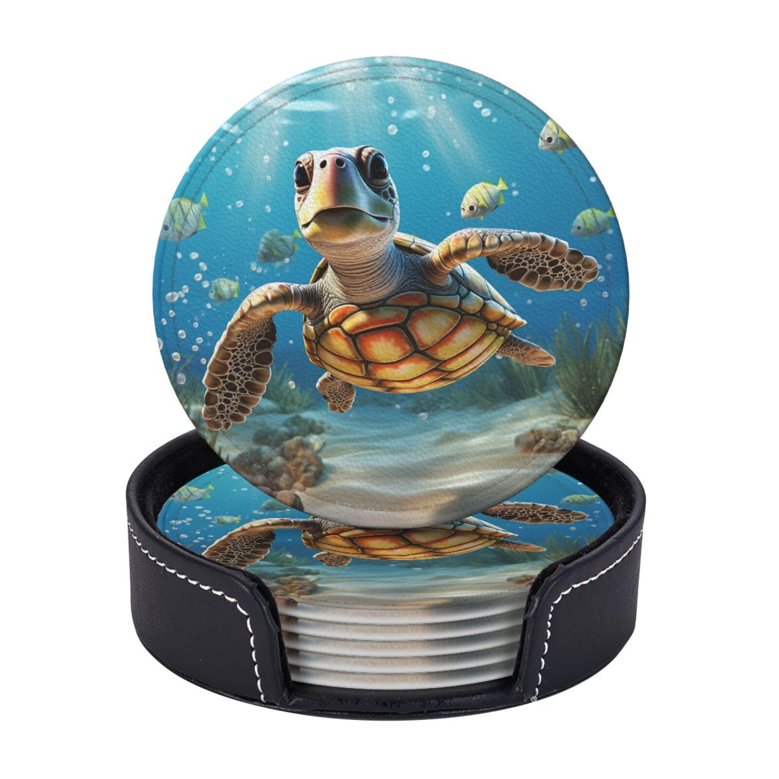 6Pcs PU Leather Coaster for Drinks, Cartoon Sea Turtle Cup Coasters with Holder, Aesthetic Drink Coasters for Coffee Table, Round Coaster for Tabletop Protection 4" Cup Mat Pad