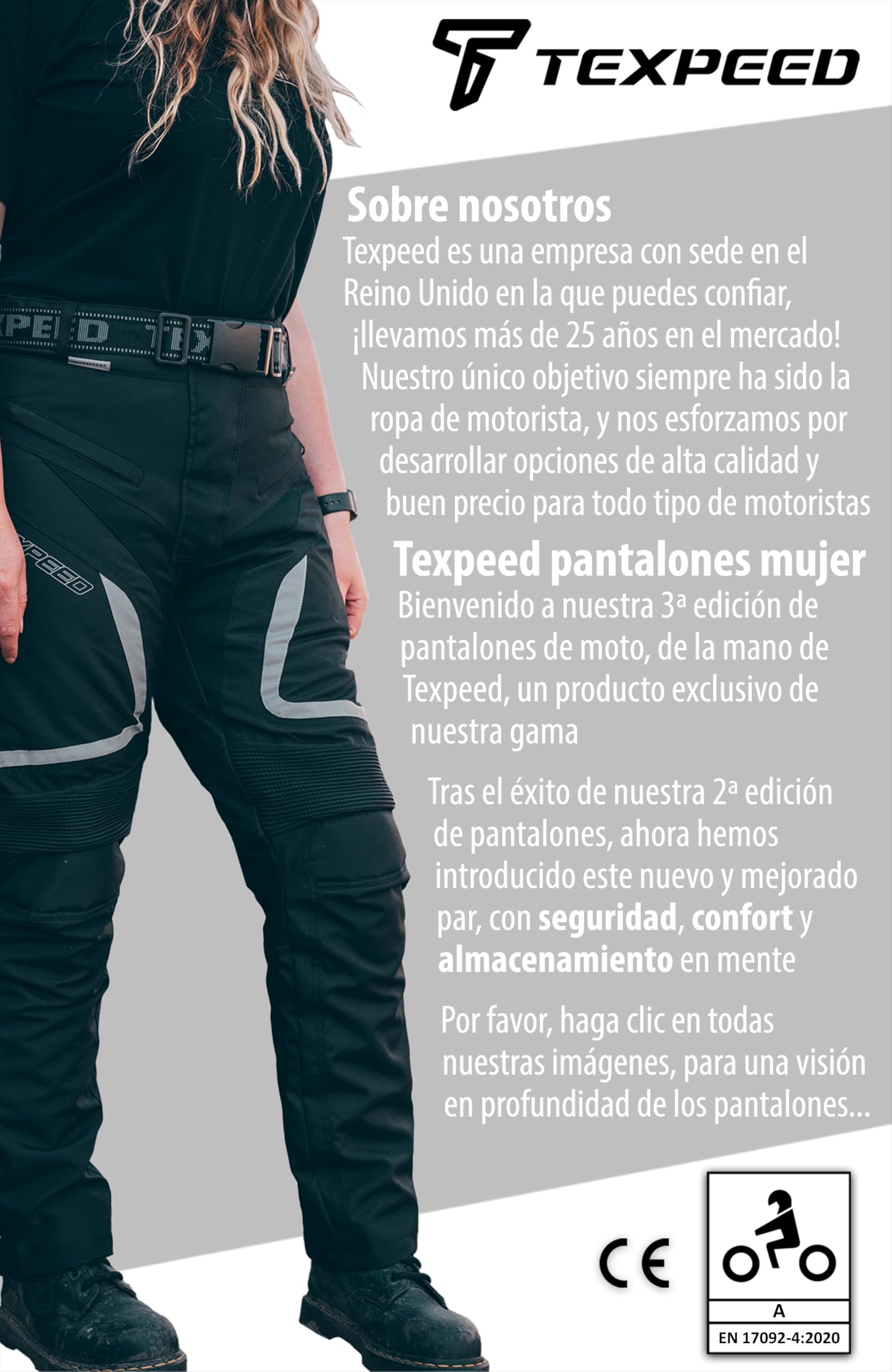 Texpeed Pantalones de moto mujer con protecciones - Impermeable scooter textil para verano o invierno - Armadura certificado CE (EN 1621-1) Proteccion Negro - 7XL Cintura/Pierna Regular