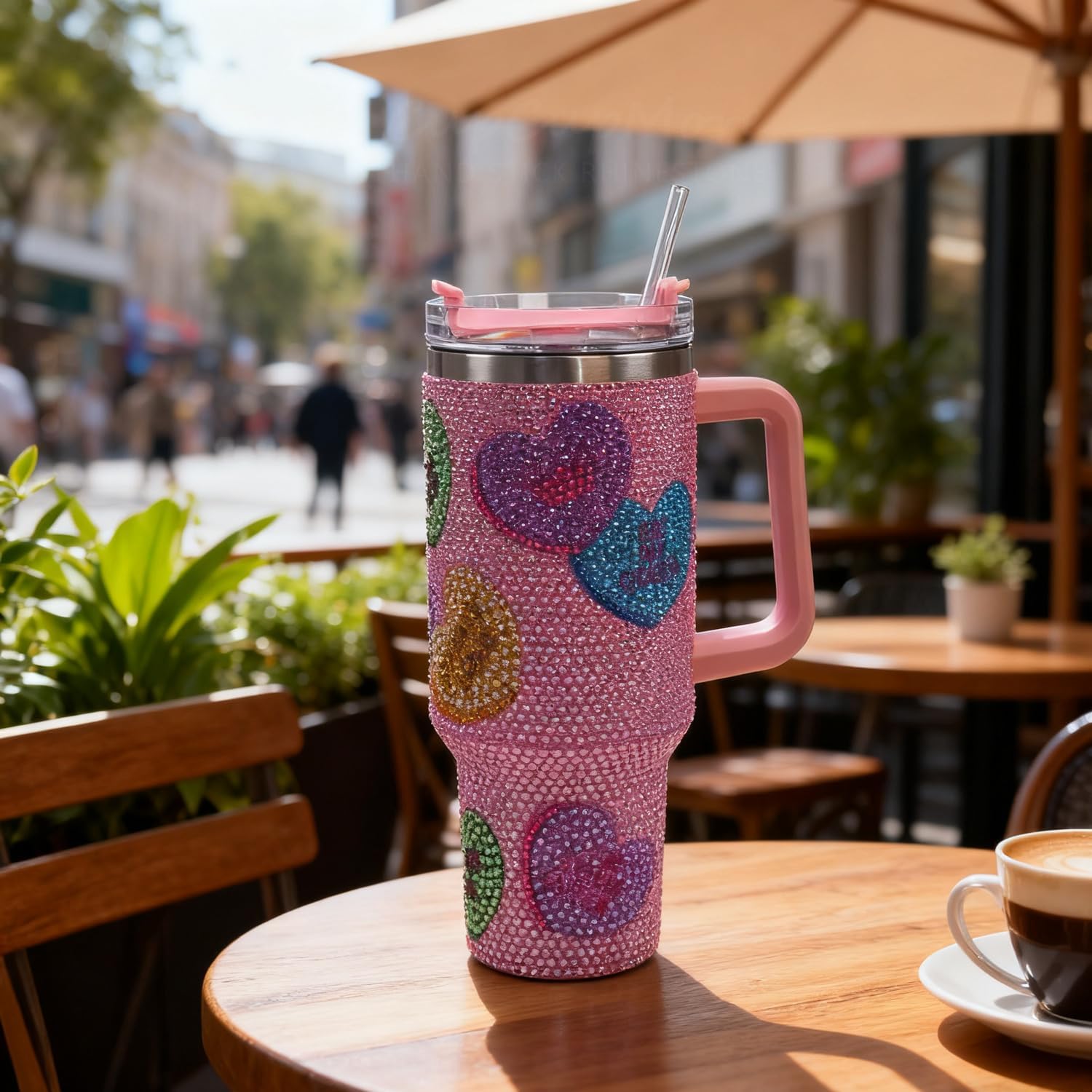 40 oz Candy Heart Bling Rhinestone Stainless Steel Sippy Tumbler Glitter Vacuum Insulated Water Bottle with Straw & Lid &Handle,Sparkle Car Cup Holder,Keeps Cold 12 Hours Drinks,Coffee