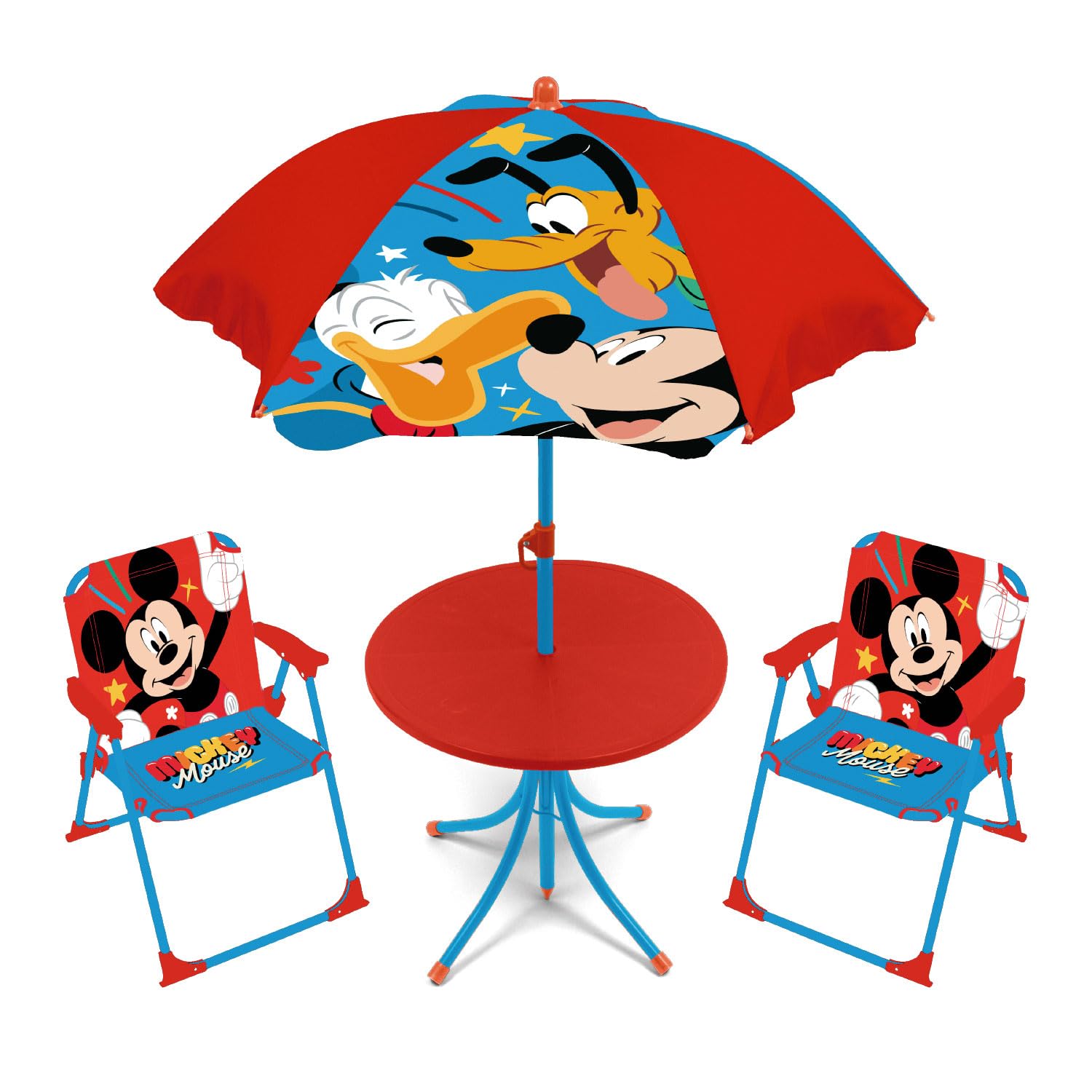 ARDITEX WD16128 Set de Mesa (50x50x48cm), 2 Sillas (38x32x53cm) y Sombrilla (diámetro 110cm) de Disney-Mickey