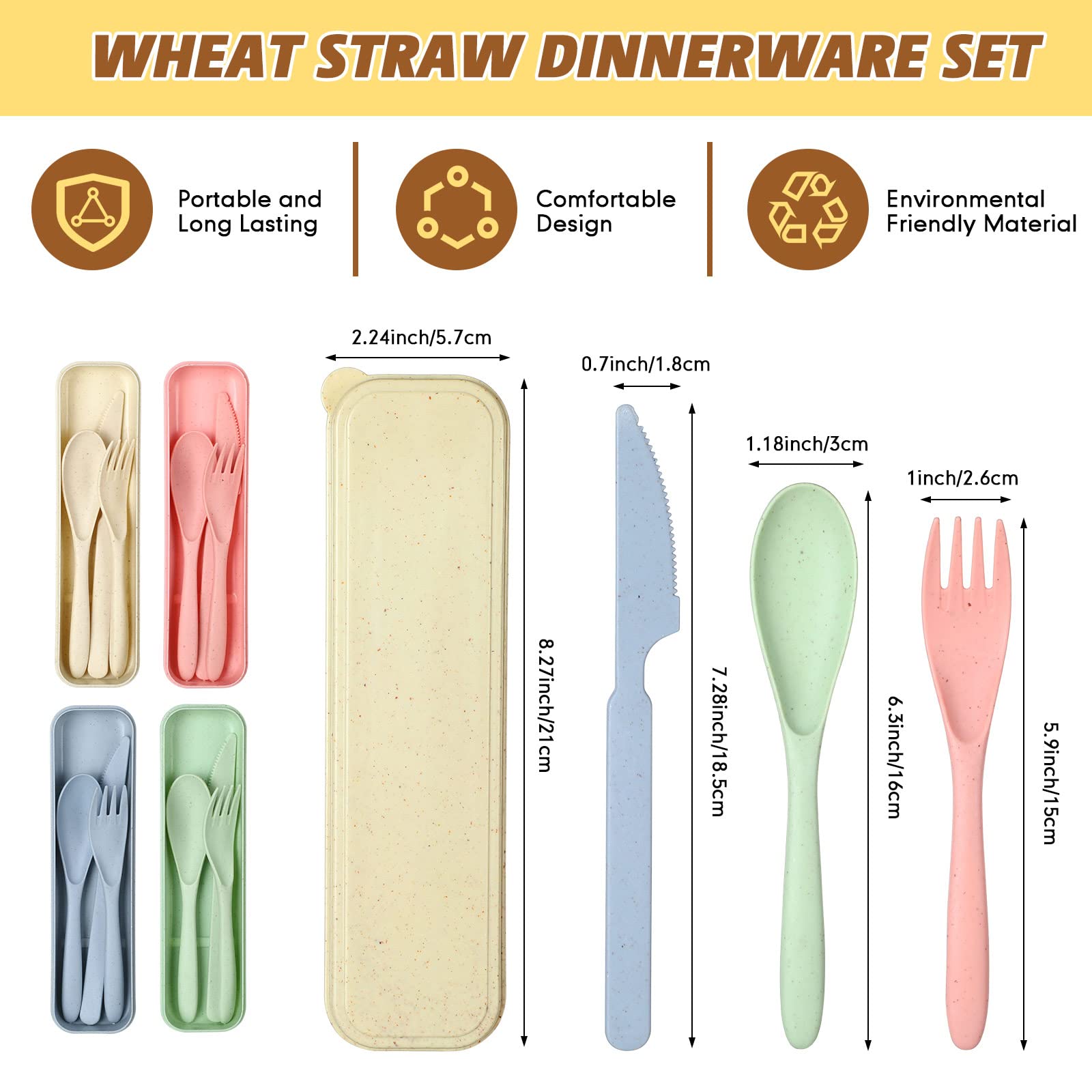 Jinei 50 Sets Wheat Straw Utensils Reusable Travel Utensils Set with Case Portable Spoon Knife Forks Dinnerware Eco Friendly Cutlery for Kids Adults Camping