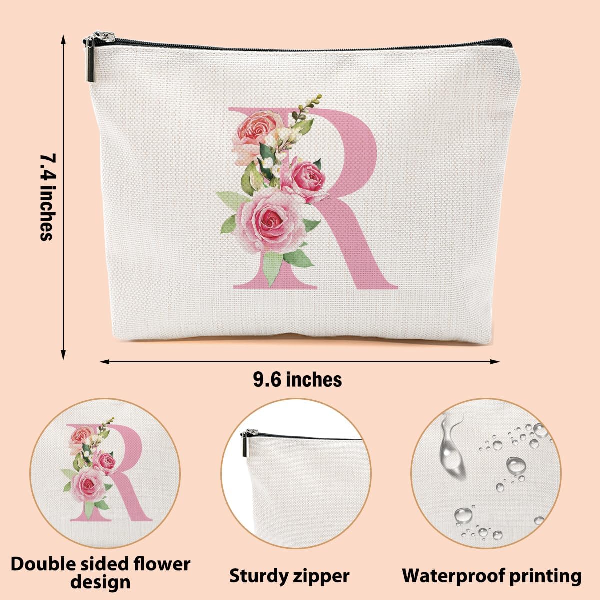 Pink Monogram Makeup Bag, Initial R, Personalized Cosmetic Bag Makeup Pouch image 2