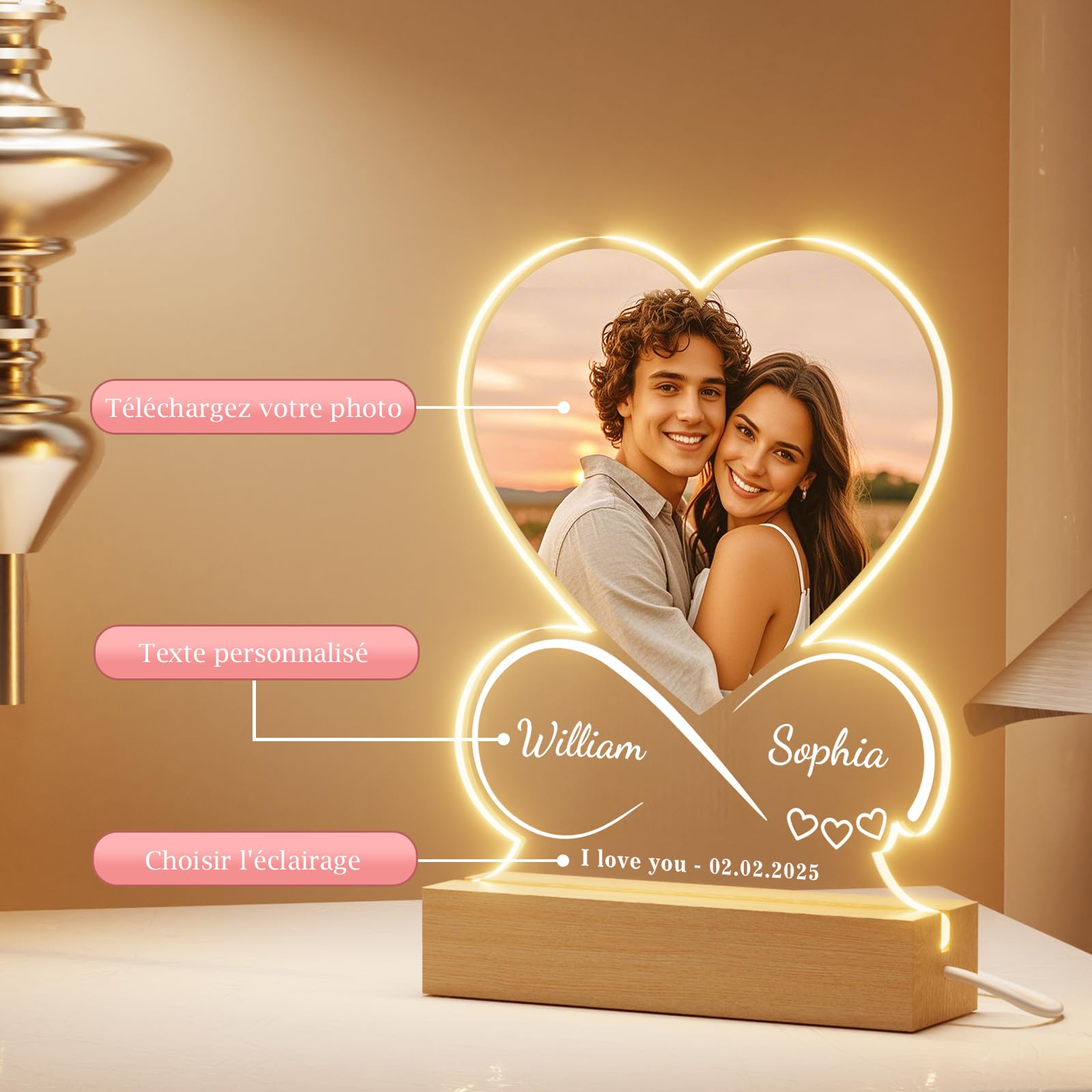 Cadeau Personnalisé Couple - Lampe Personnalisée Avec Photo Prénoms Texte Date, Cadeau Personnalisé Femme, Cadeau De Saint Valentin Pour Femme Homme