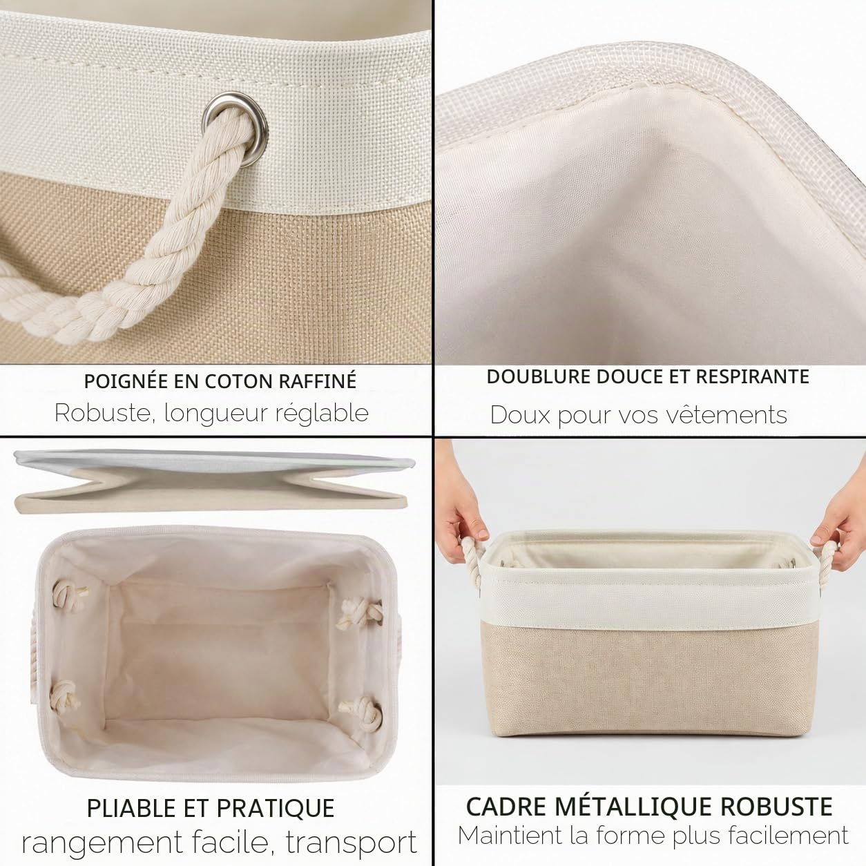Mangata Lot de 4 grandes boîtes de rangement en toile avec poignées pour armoires, armoires, étagères, salle de bain, vêtements, jouets, serviettes (pliables, Blanc Kaki)