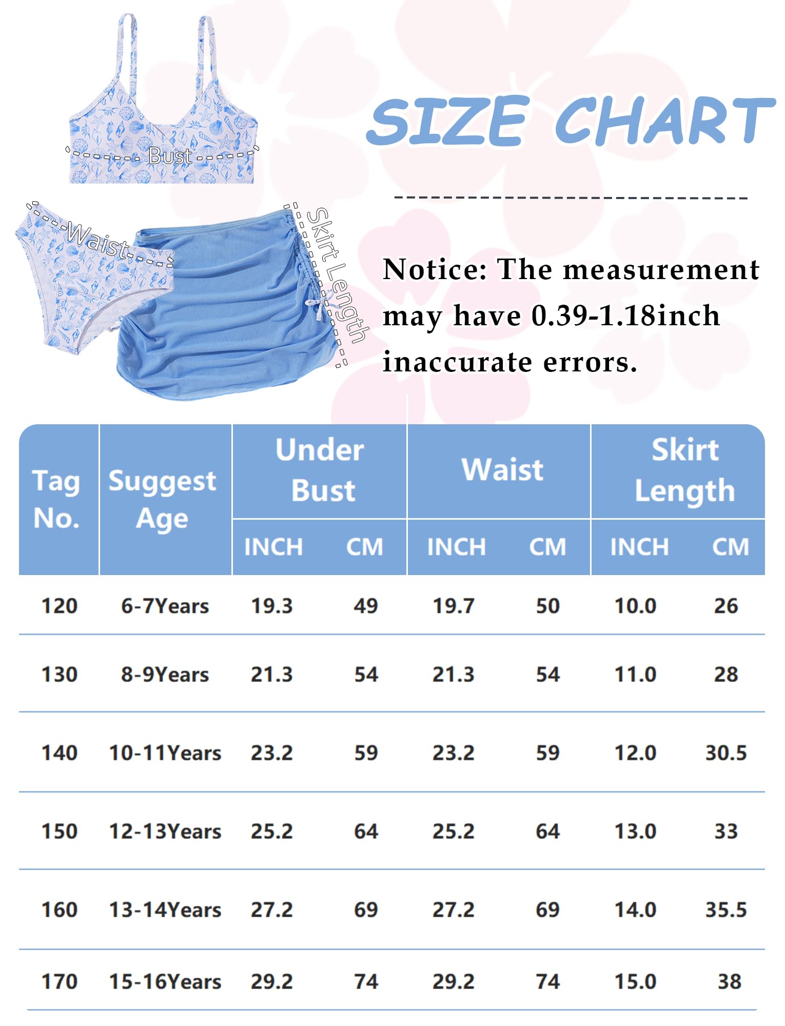 Maeau Grils - Traje de baño de verano floral de 3 piezas, brasier acolchado, conjunto de bikini para niñas con cordón de malla, ropa de playa