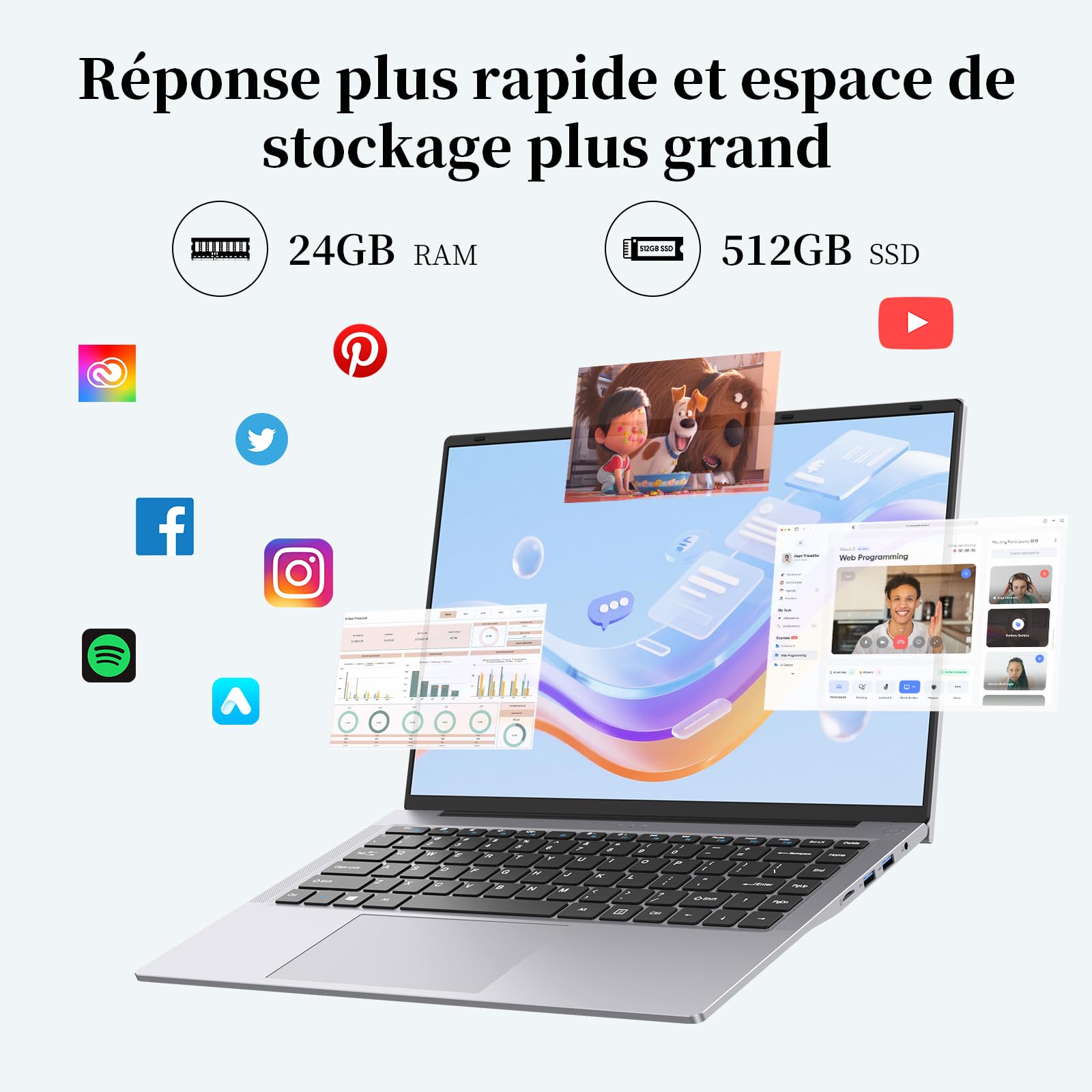 Ordinateur Portable 15,3" Core i5 (Jusqu'à 3,6 GHz),24 Go RAM 512 Go SSD, PC Portable, Écran 1920x1200 100% sRGB avec HDMI et USB-A, Autonomie Prolongée