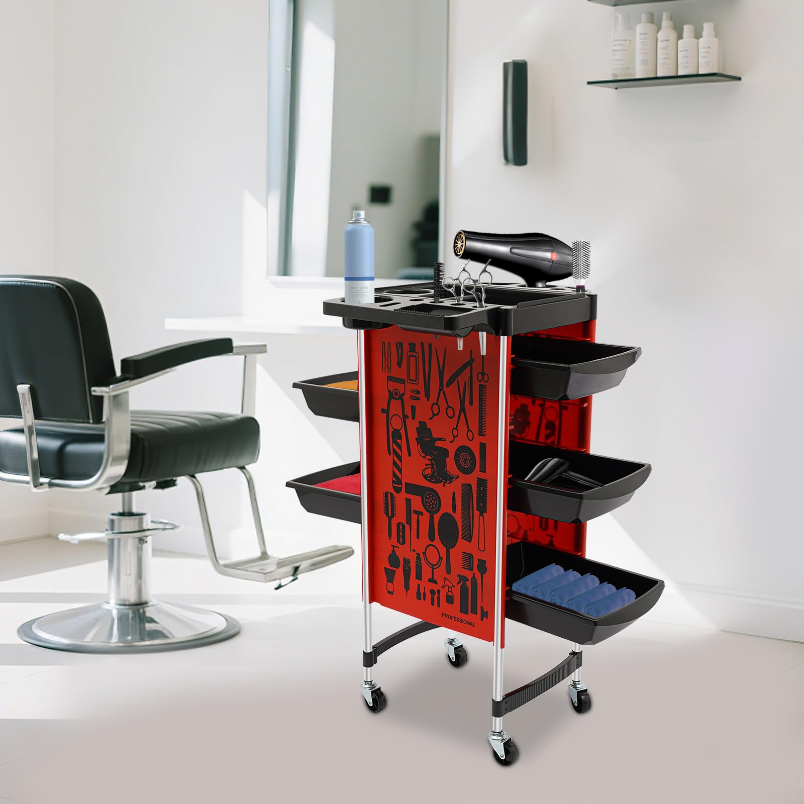 Carrello da parrucchiere con 5 cassetti e 6 ripiani, portata 100 kg, in acciaio inox, per salone e salone di unghie (rosso)