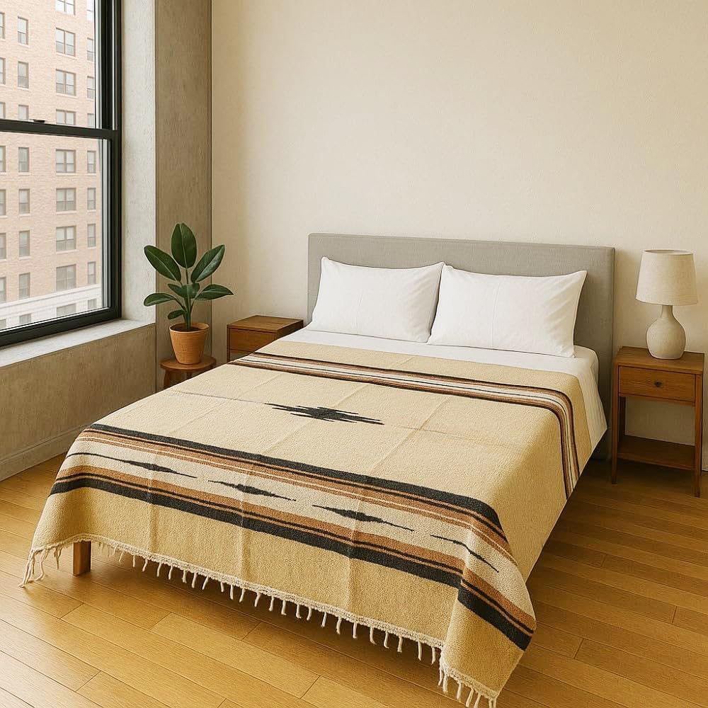 Handmade Mexican Yoga Blanket – Thick Tan Serape with Black, Brown & White Stripes and Center Diamond Pattern – Soft, Durable, Machine Washable