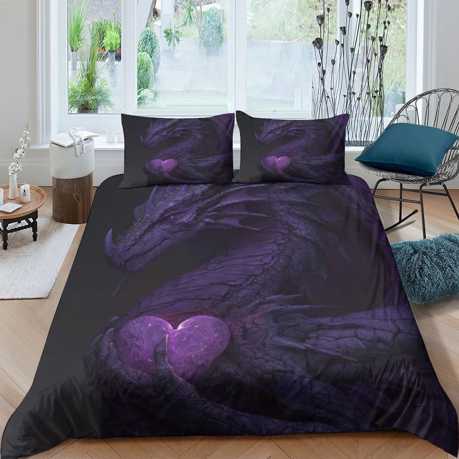 TUFRTGYHN 3D Printed Purple Dragon Duvet Cover Microfiber Soft Breathable Dark Fantasy Bedding Set with 2 Pillowcases for Bedroom Decor Single（135x200cm）