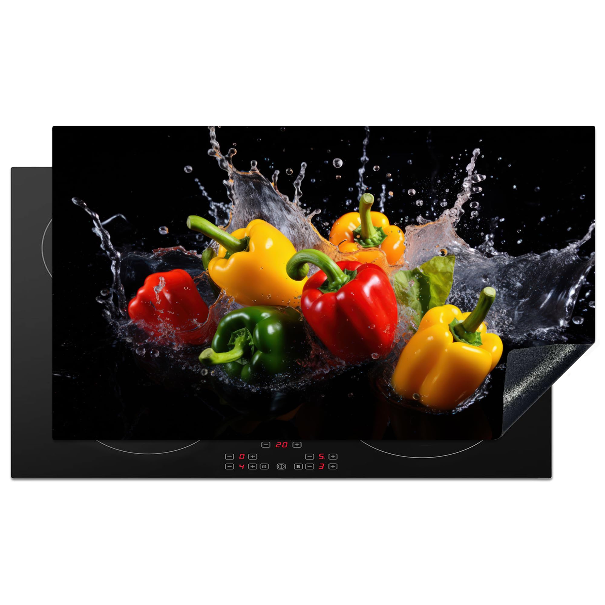 KitchenYeah© Herdabdeckplatte Einteilig Herdabdeckung Abdeckplatte für Ceranfeld Abdeckung Induktionskochfeld Aufrollbare Matte Süßer Pfeffer - Schwarz - Wasser - Gemüse - Rot - Gelb - 91.2x52 cm