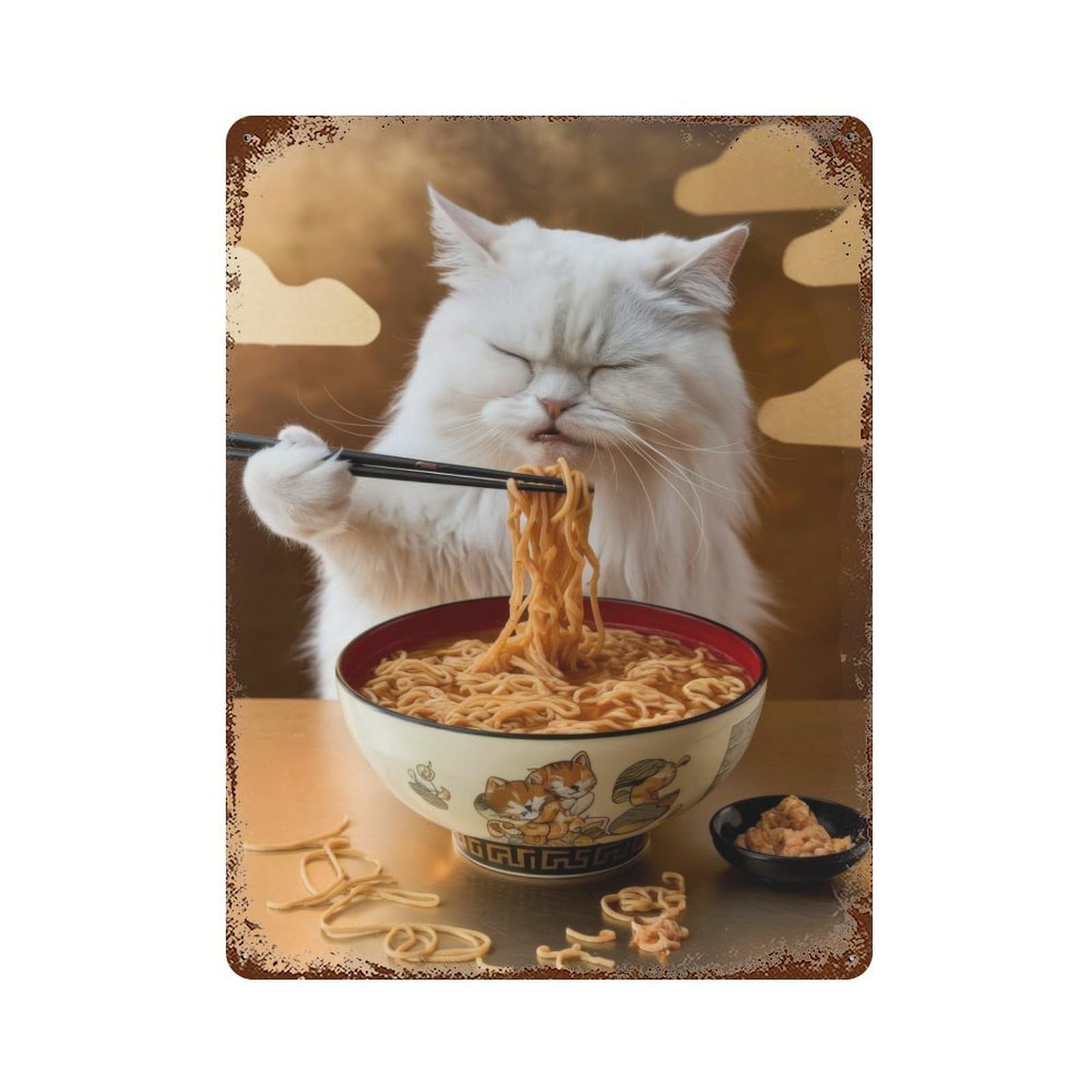Garage Style Cat Ramen Rusty Metal Tin Sign 15.7"x11.8", Farmhouse Wall Decor for Bar And Workshop