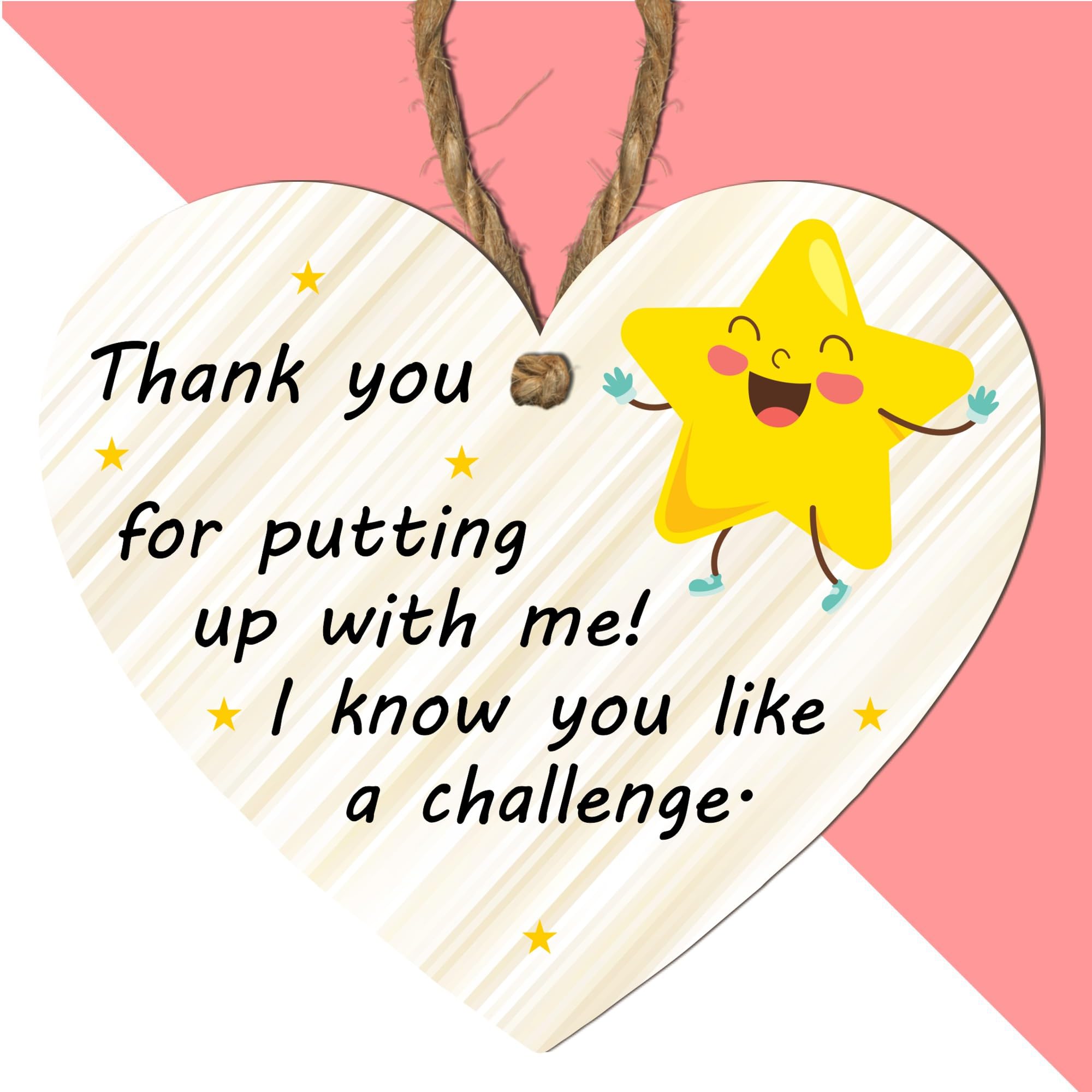 Handmade Wooden Heart Plaque - "Thank You for Putting Up with Me!" - Hanging Decoration with Twine String - Perfect Funny Gift for Friends, Teachers, Loved Ones (Medium: 15 cm (H) × 13 cm (W))