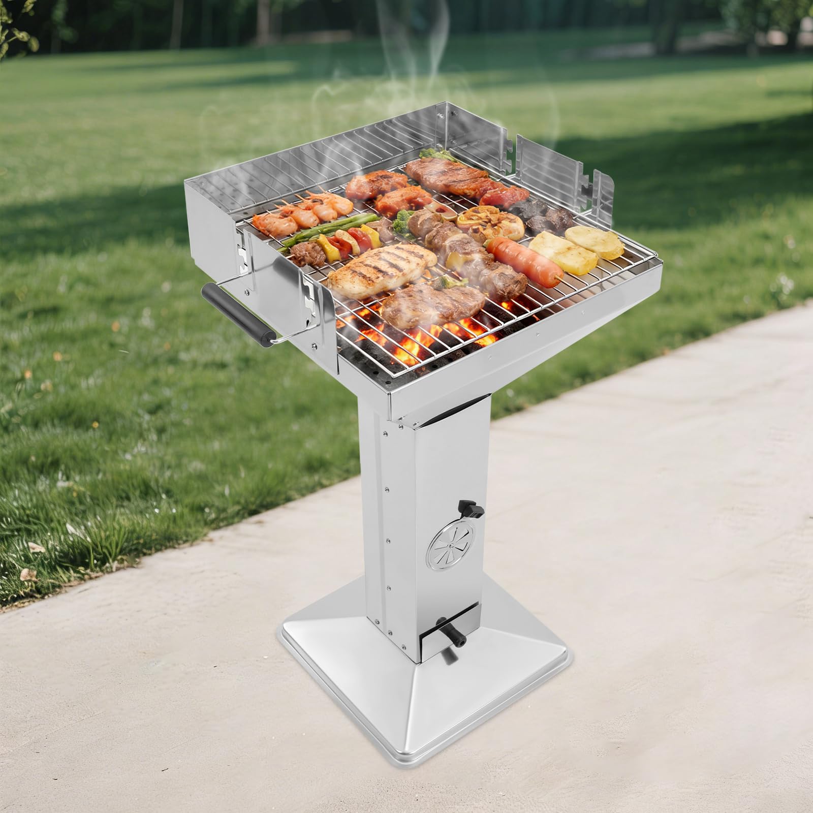 Barbecue a colonna a carbonella, in acciaio inox, 42 x 42 x 92 cm, regolazione in altezza a 3 livelli, per oltre 5 persone, per campeggio, spiaggia, giardino, feste