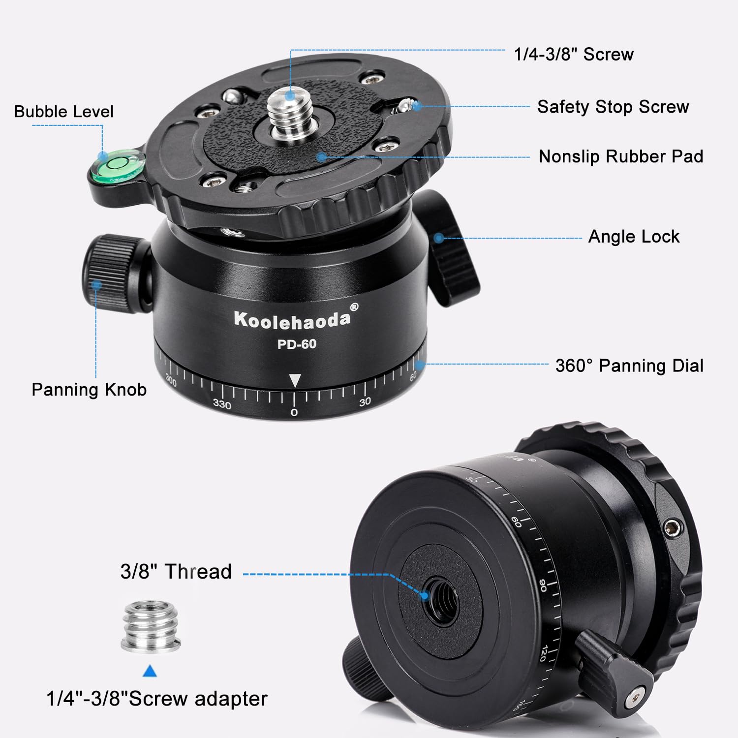 Koolehaoda Livellatore per fotocamera con base di livellamento per treppiedi, inclinazione di 15°, con filettatura da 3/8", livello a bolle offset e base panoramica a 360° per testa video, treppiedi