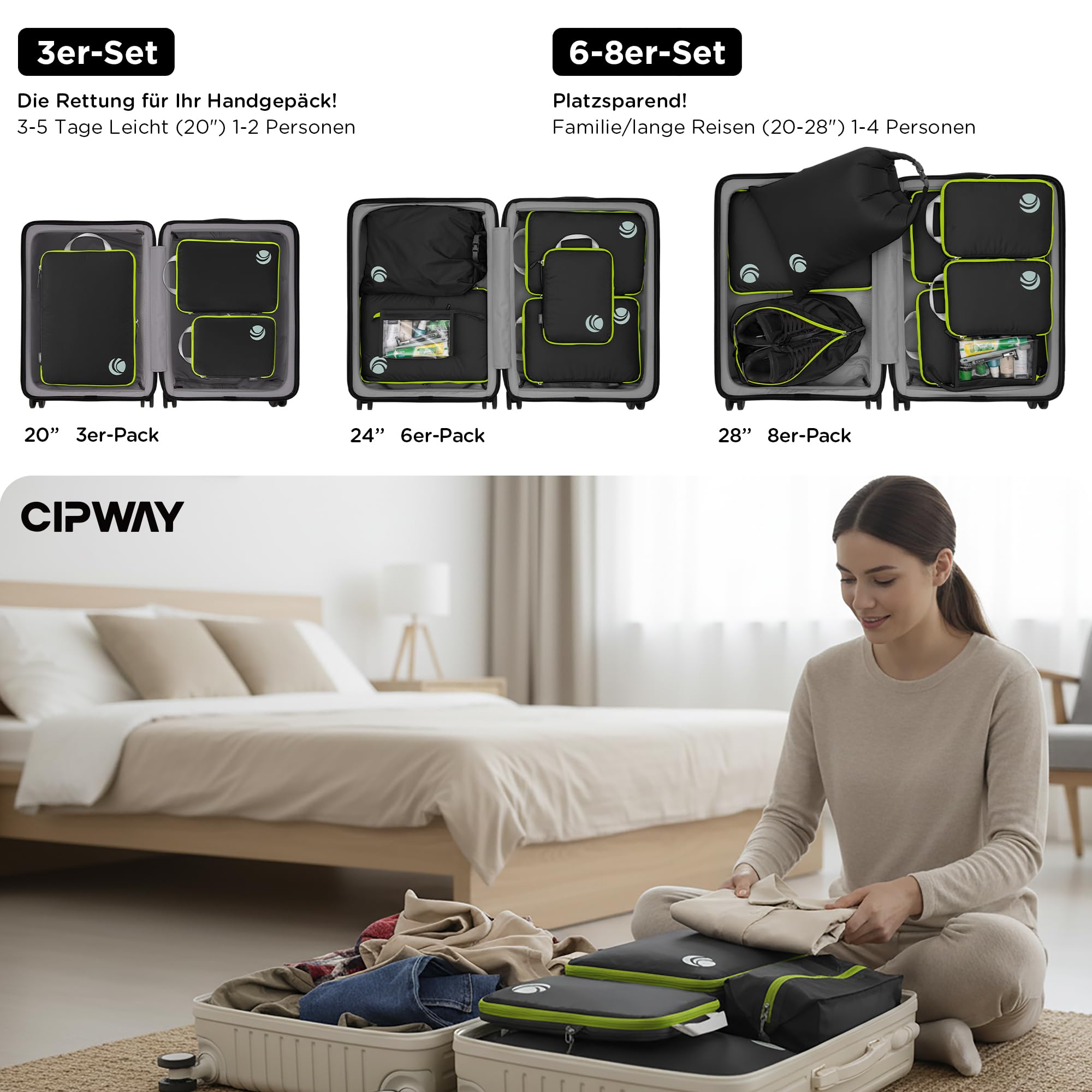 Cipway Kompression Koffer Organizer Set für Rucksack ，Ultraleichte Packtaschen Compression Packing Cubes Packwürfel Kofferorganizer Packtaschen Kleidertaschen für Reiseorganizer(schwarz, 8 Stück)