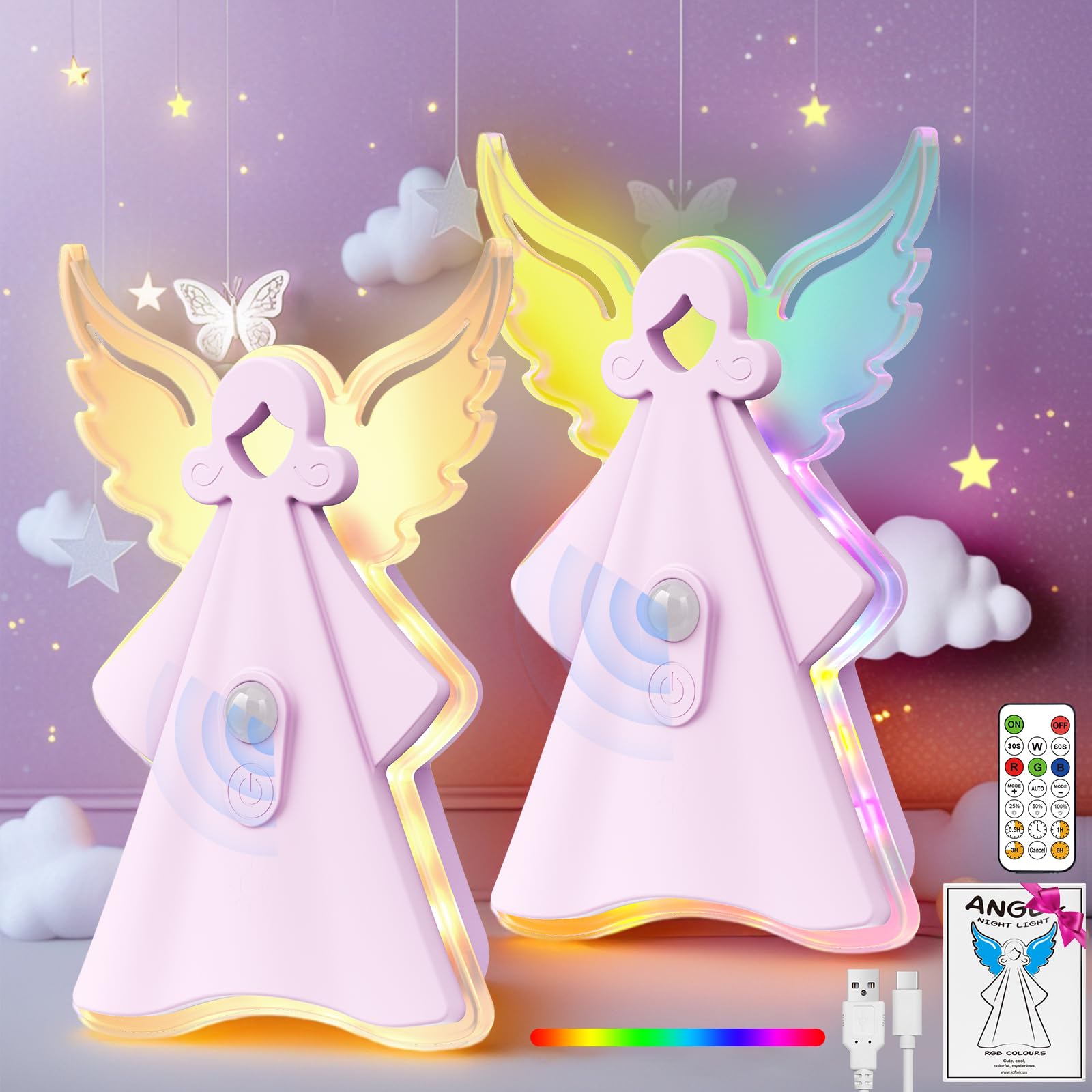 LOFTEK Motion Sensor Night Light, Rechargeable Night Lights with Remote &amp;Timer, Battery Operated Wall Sconce, 18 Color Changing Angel Light for Stairs, Hallway, Kid's Bedroom Decor, Gift, 2 Pack
