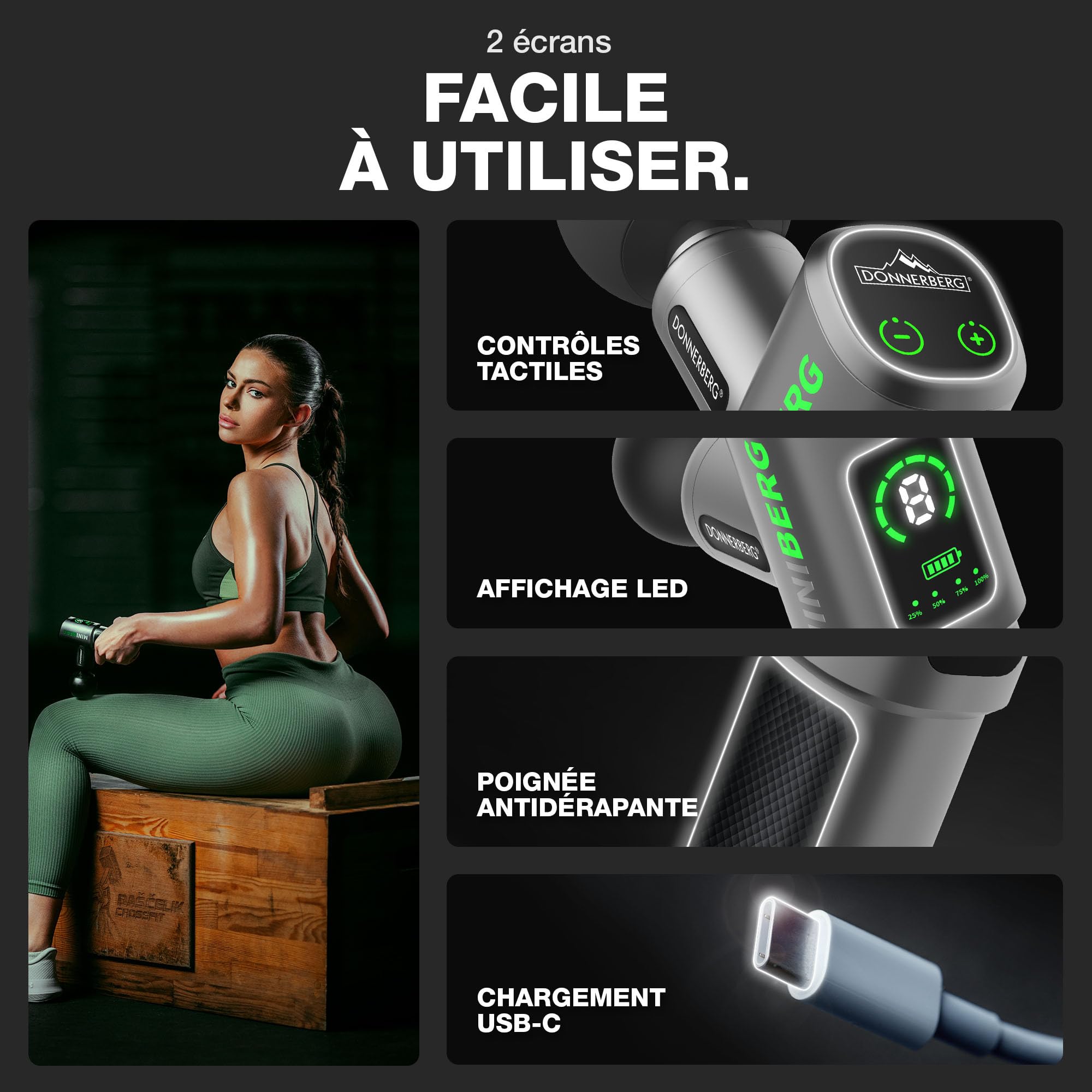 DONNERBERG® Miniberg Mini Pistolet De Massage Pour Tissus Profonds | Pistolet Compact À Percussion, Moteur Silencieux 35 dB, Corps En Aluminium, 6 Têtes En Silicone, Garantie Moteur 7 Ans