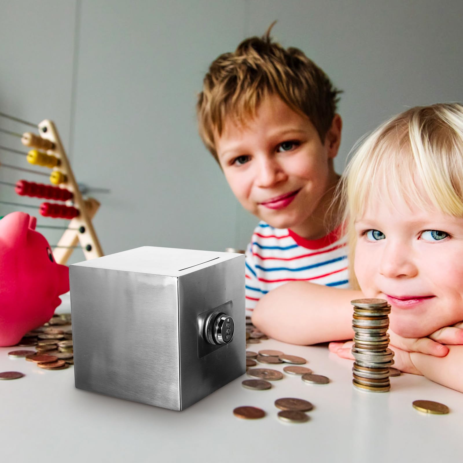 Tirelire Coffre-Fort Bancaire avec Serrure en Acier Inoxydable Argenté Rangement Facile des Pièces de Monnaie Pratique et Sécurisé pour Garçon et Filles