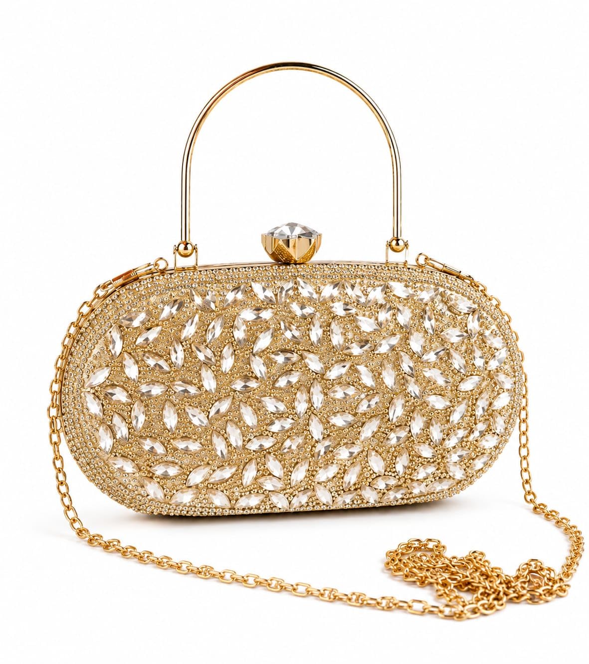 FTSBags Women's Premium Crystal Embellished Gold Clutch Bag with Metal Handle & Detachable Chain | Bridal, Wedding & Party Evening Purse-image-47