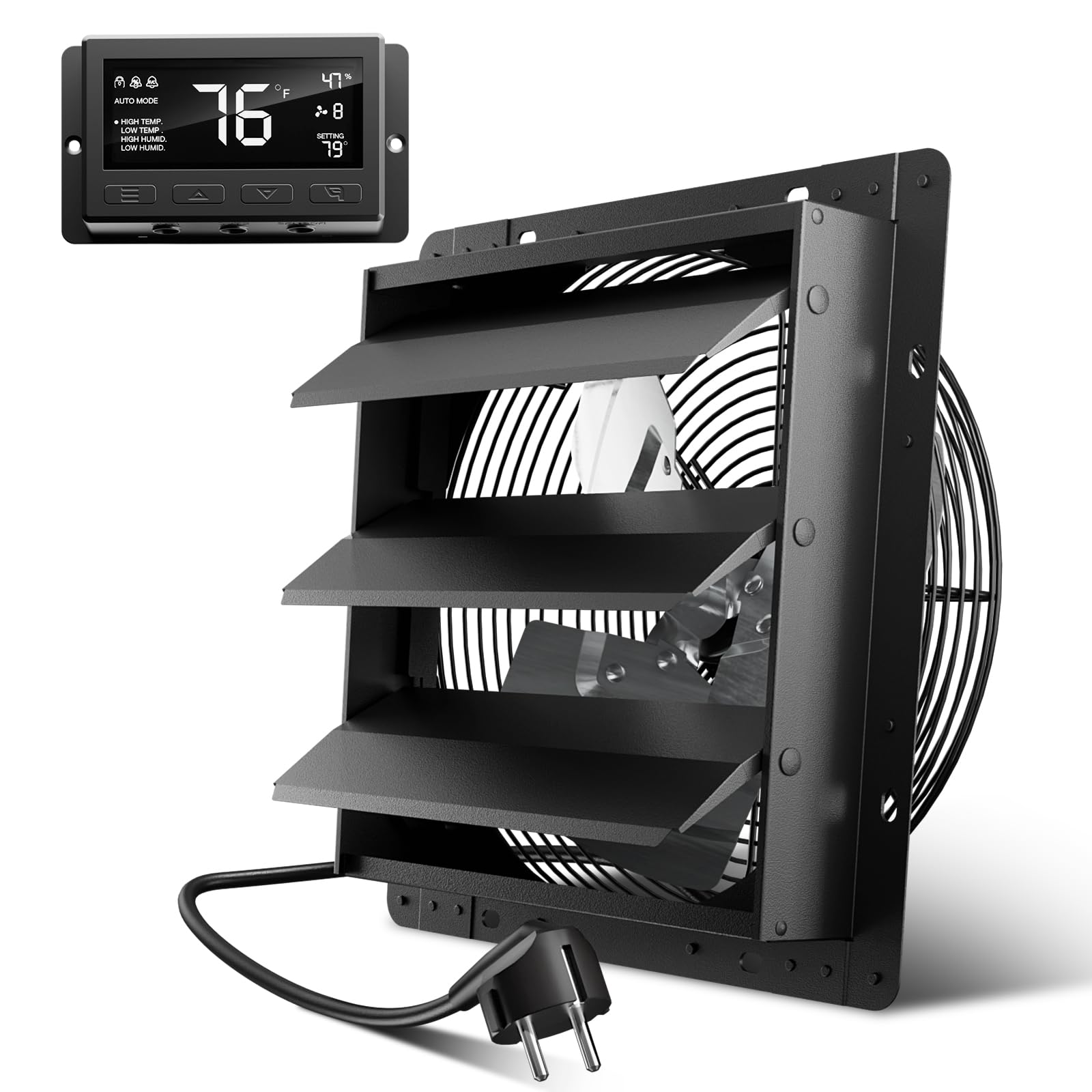 Hon&Guan Industrielle Abluftventilator 300mm EC-Motor Super Luftmenge 1650m³/h Wandventilator mit Teuchtigkeitssensor Temperatursensor Ganzmetallgehäuse Fensterläden Wandlüfter für Keller Garage Attic