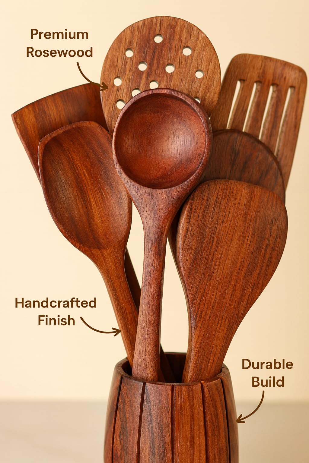 Craftize Mstore Wooden Cooking Spoon Set – 7-Piece Kitchen Utensil Pack with Holder, Includes Frying Spoon, Soup Ladle, Spatula, Rice & Curry Spoons – Durable Natural Wood Cooking Tools 3